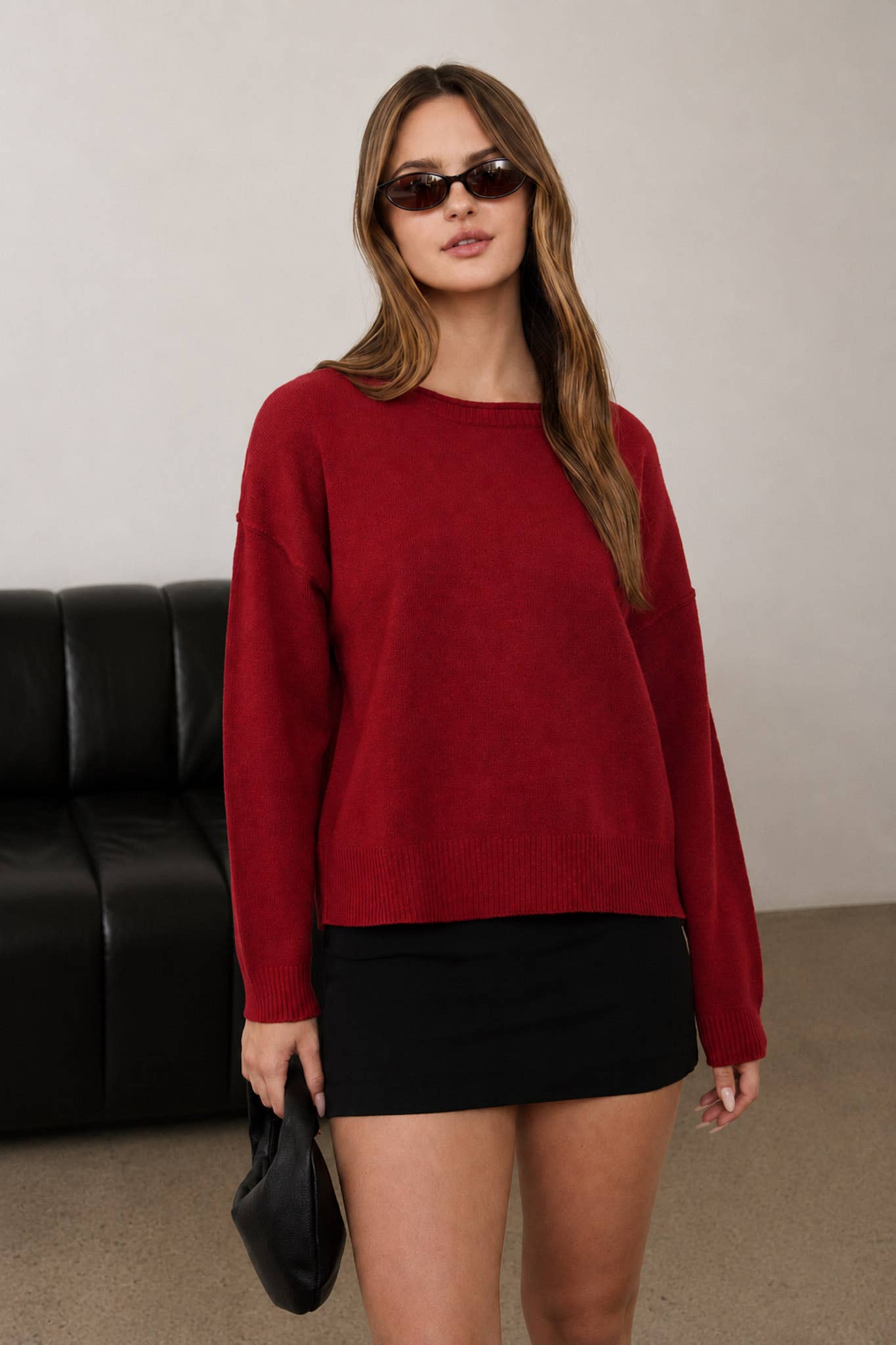 BOAT NECK RAW EDGE RELAXED KNIT PULLOVER SWEATER