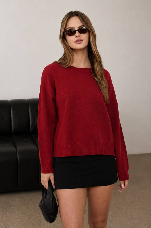 BOAT NECK RAW EDGE RELAXED KNIT PULLOVER SWEATER