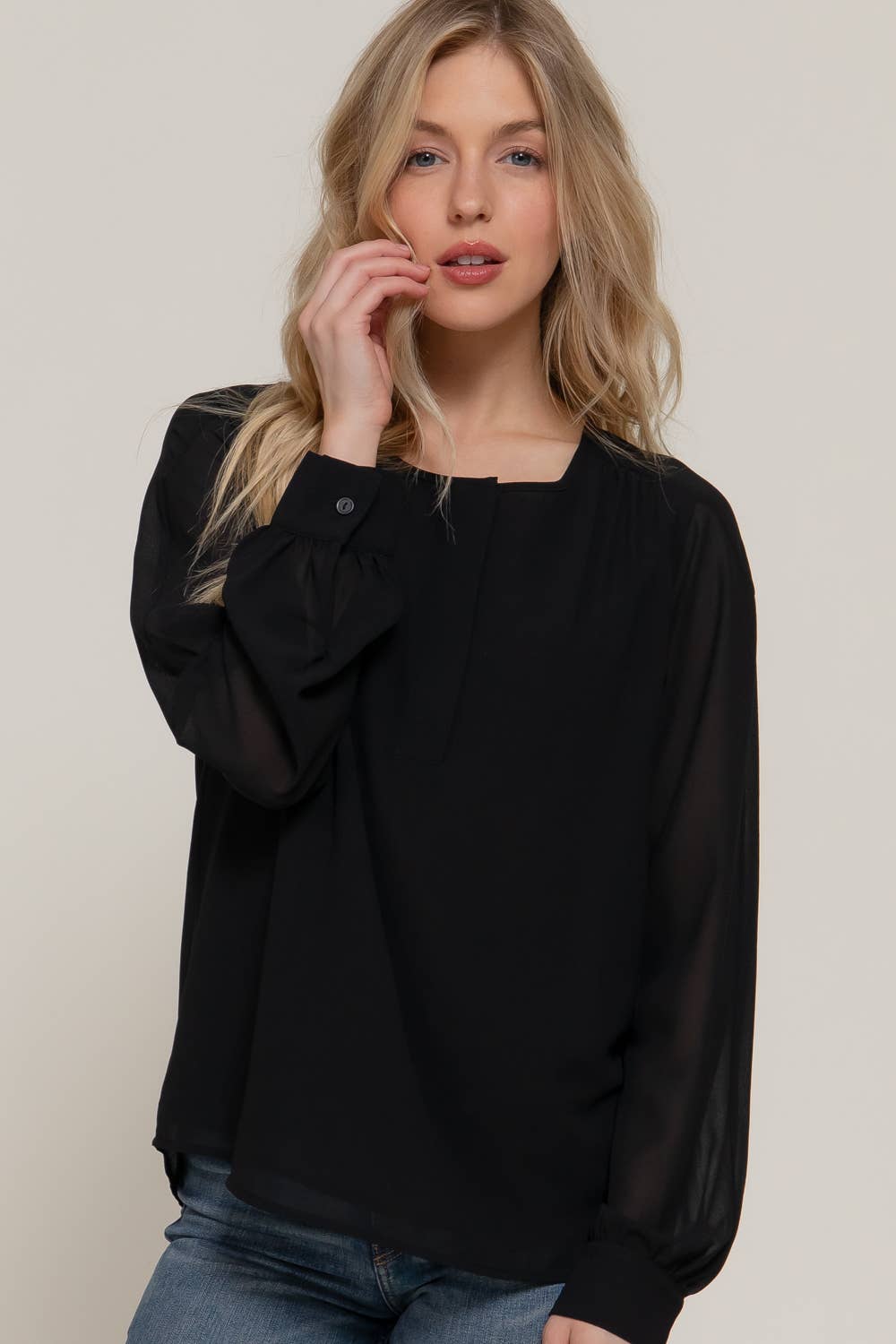 Long Sleeve Round Neck Chiffon Blouse