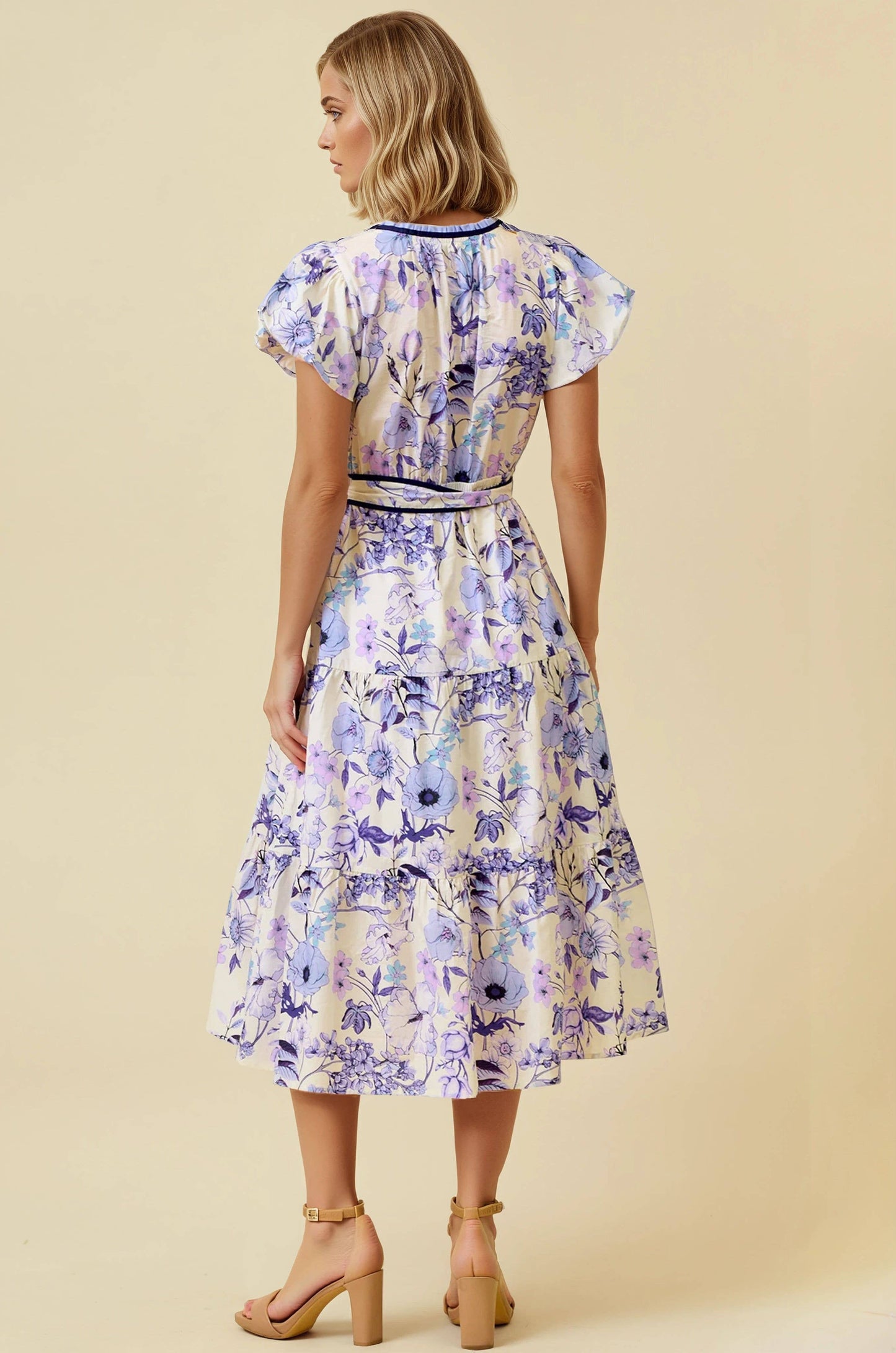 FLORAL PRINT BUBBLE SHORT SLEEVE TIERED MIDI DRESS