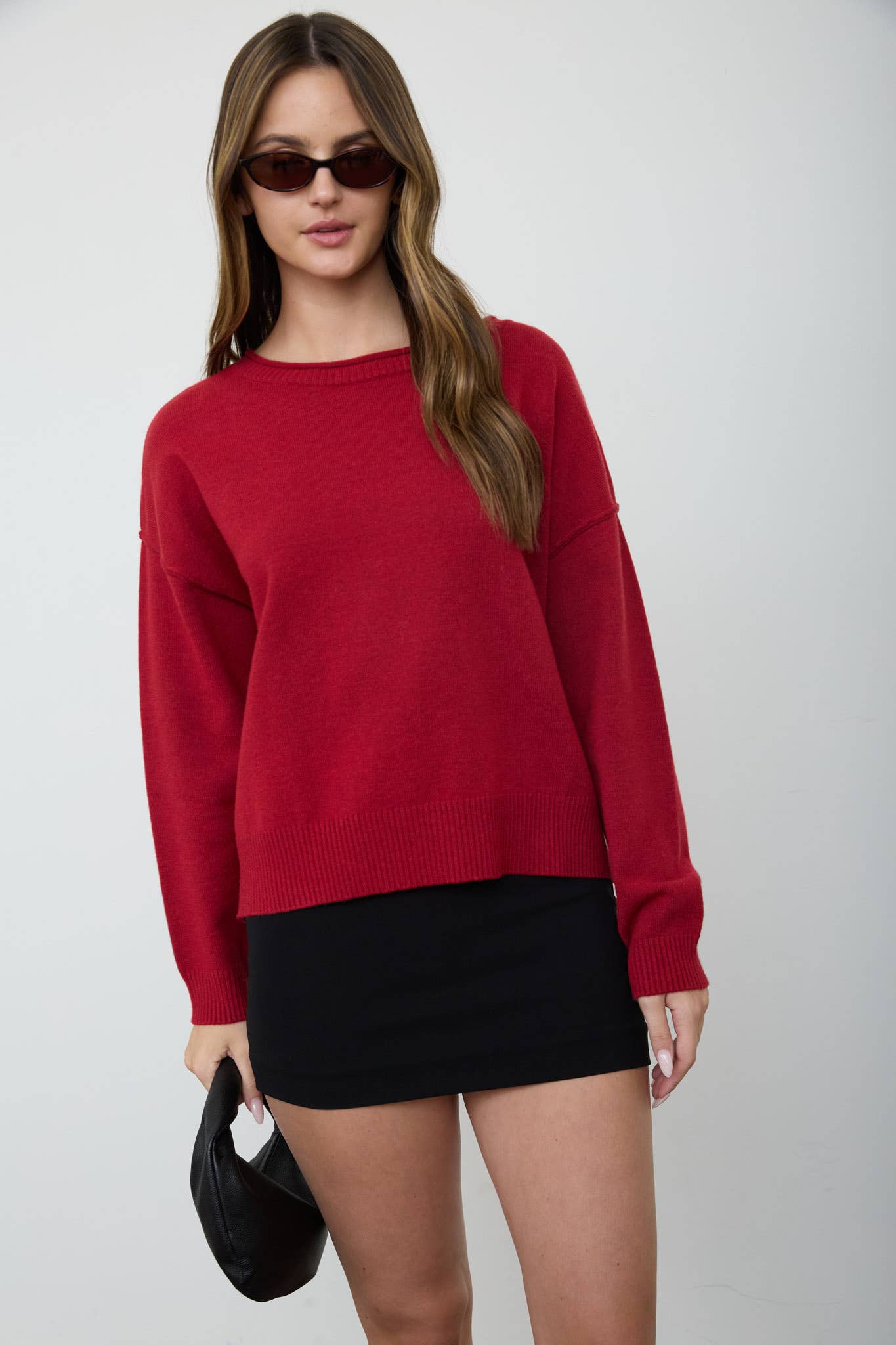 BOAT NECK RAW EDGE RELAXED KNIT PULLOVER SWEATER