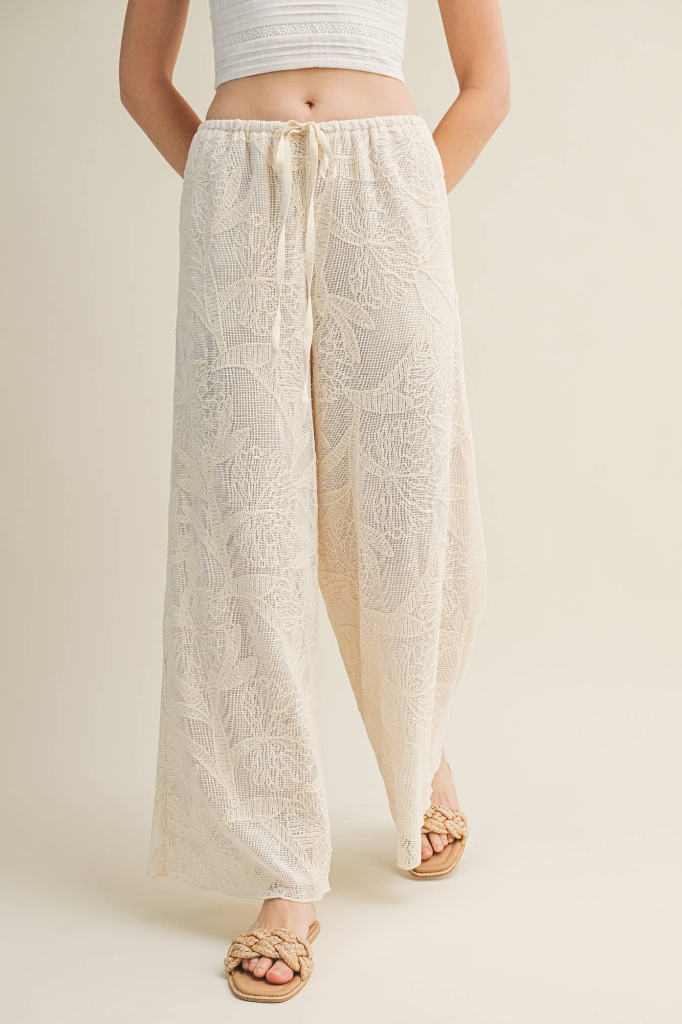 FAUX CROCHET WIDE LEG PANTS WITH WAIST DRAWSTRING