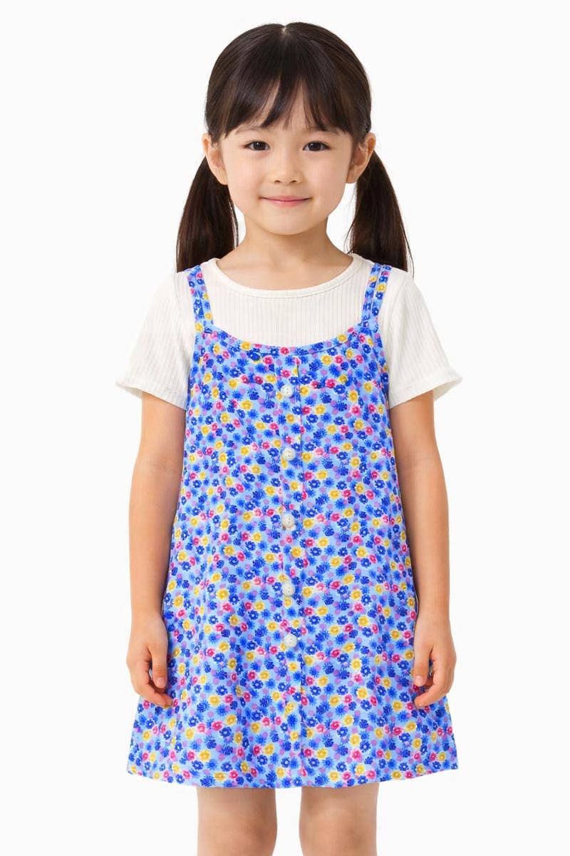 Girl's 2 pcs Floral Dress & Ribbed Tee Set