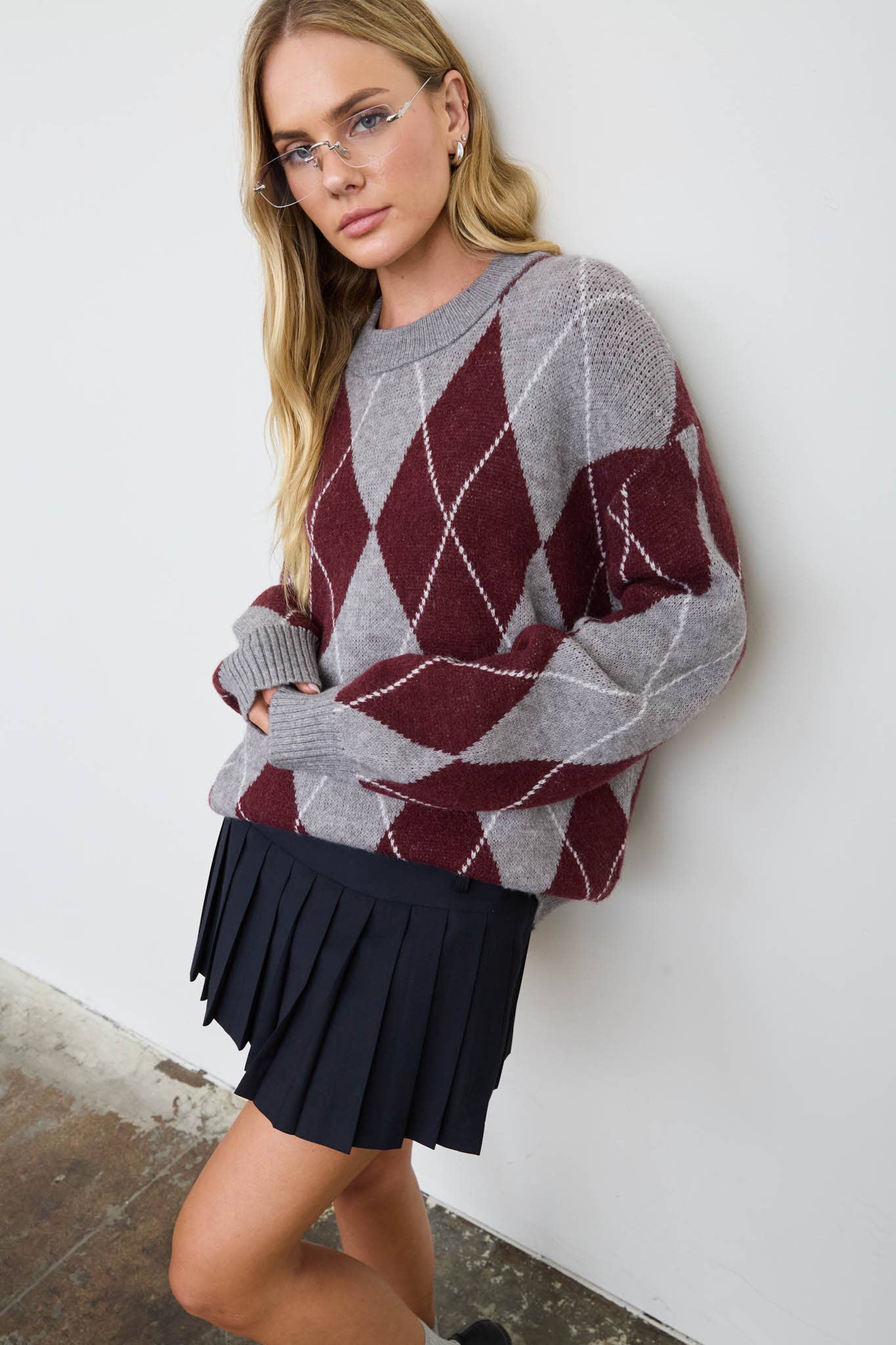 OVERSIZED ARGYLE CREW NECK KNIT PULLOVER