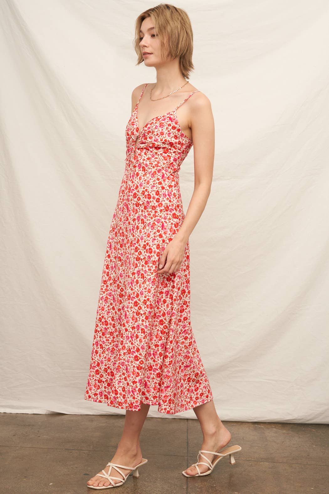 Sleeveless Floral Print Keyhole Detail Midi Dress