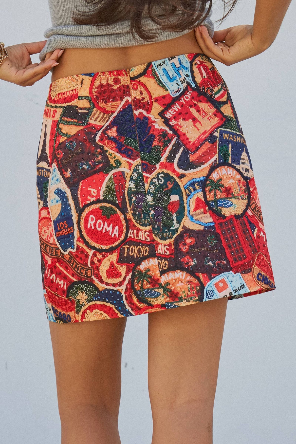 Travel Patch Print A-Line Mini Skirt