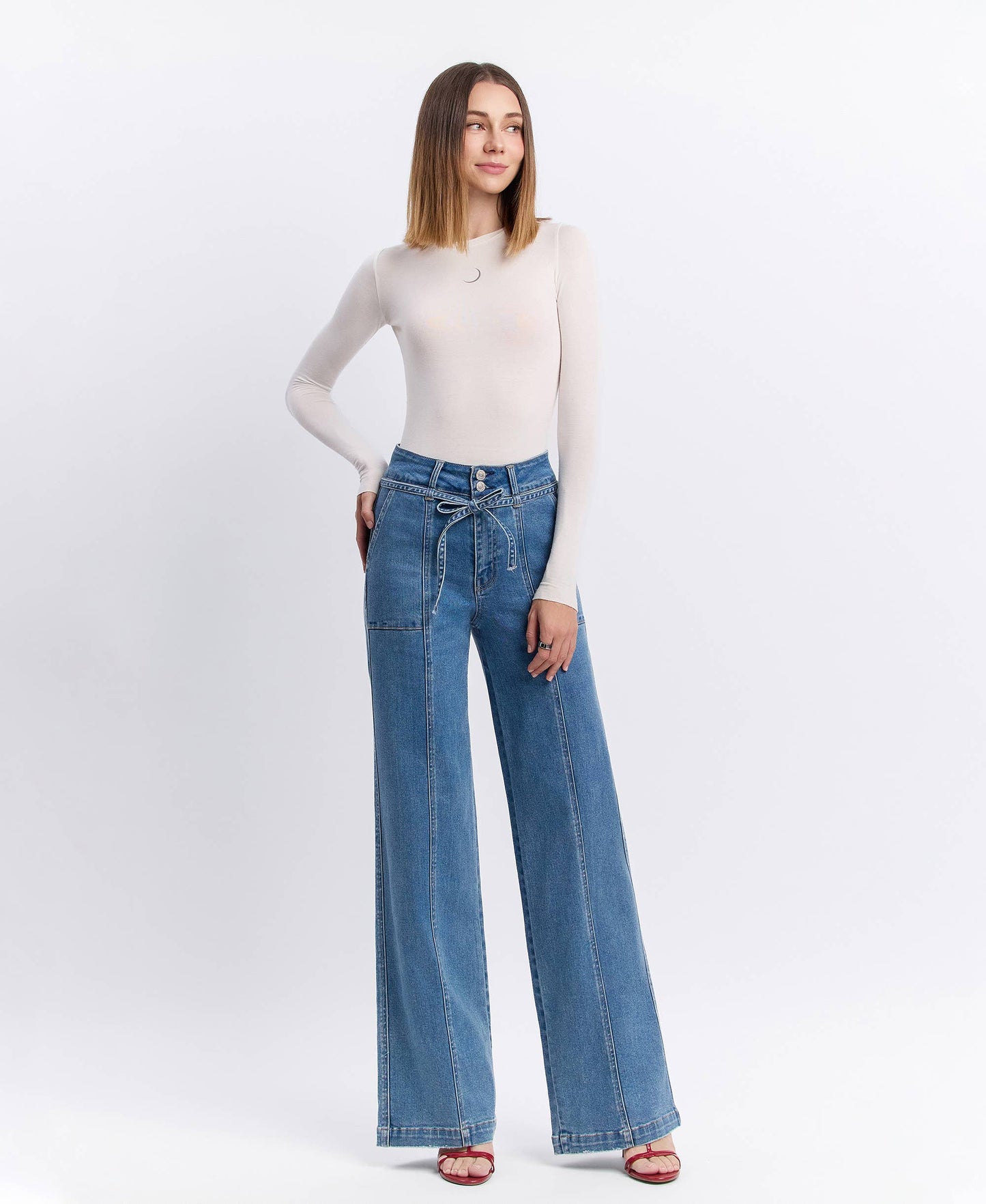 SUPER HIGH RISE TIE WAISTBAND WIDE LEG JEANS