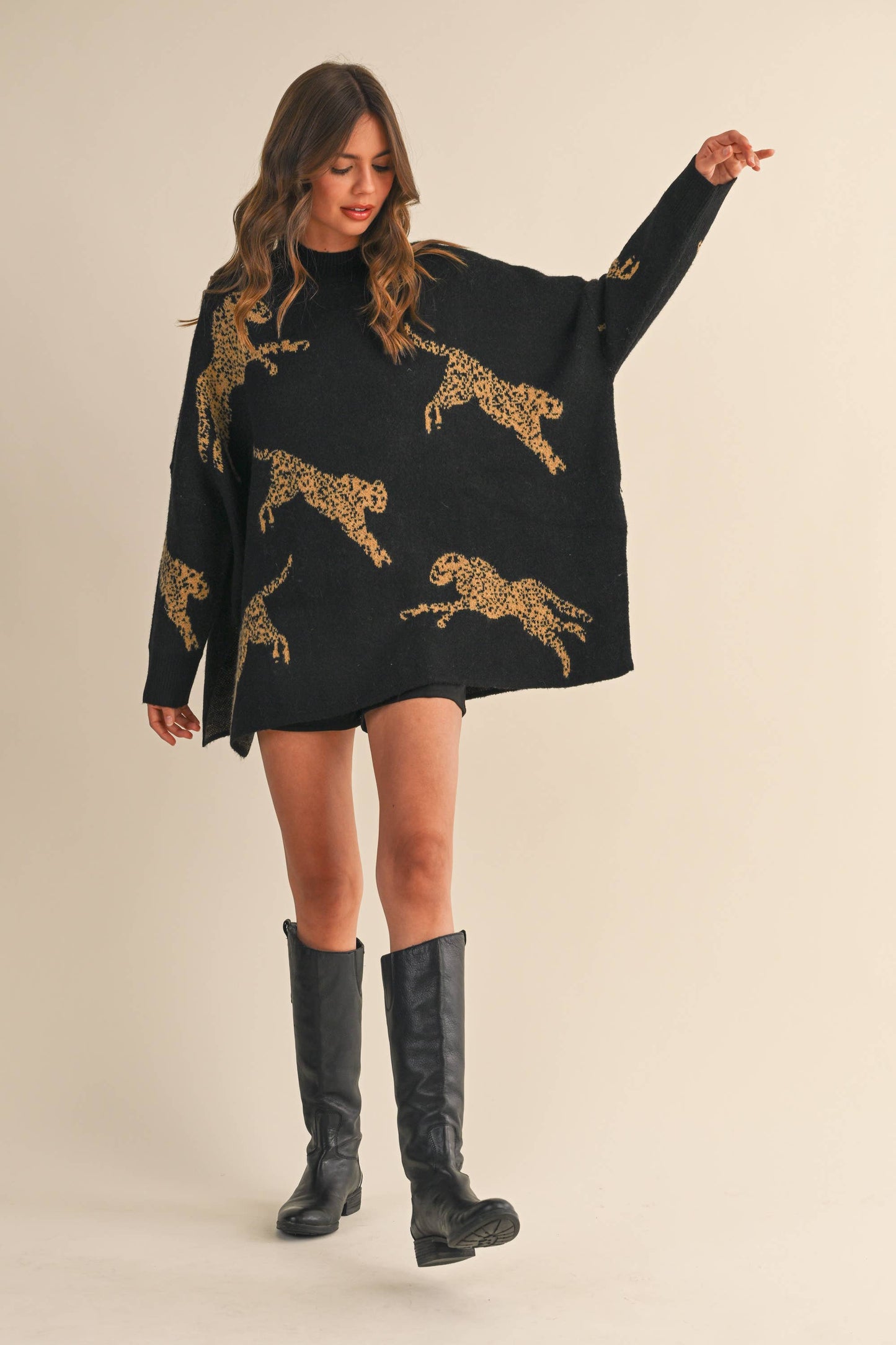 CHEETAH PRINT OVERSIZED MOCK NECK SWEATER