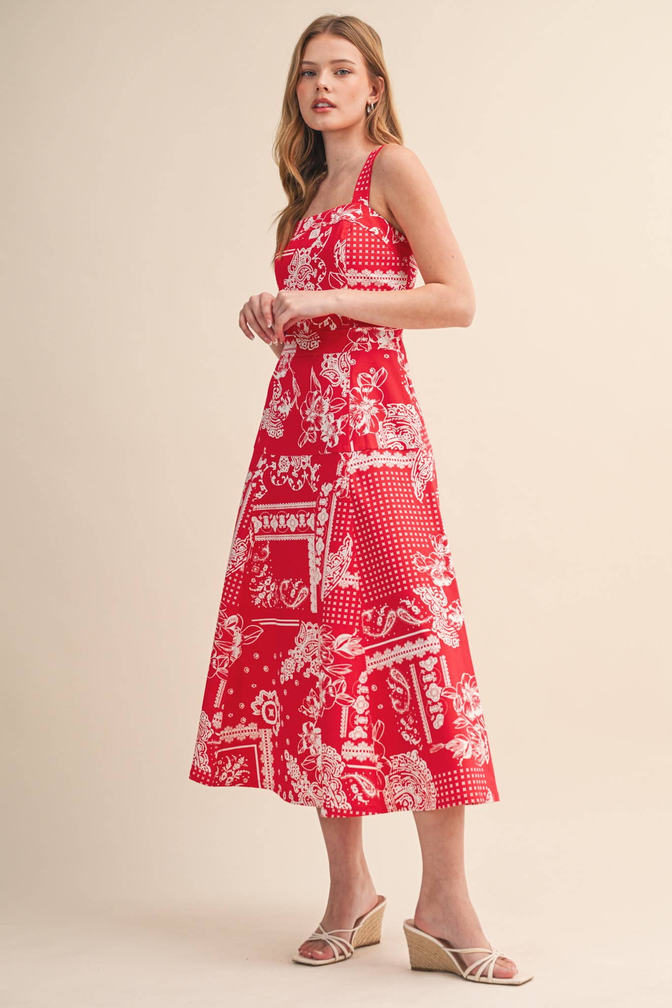 FLORAL PAISLEY PRINT DENIM MIDI DRESS