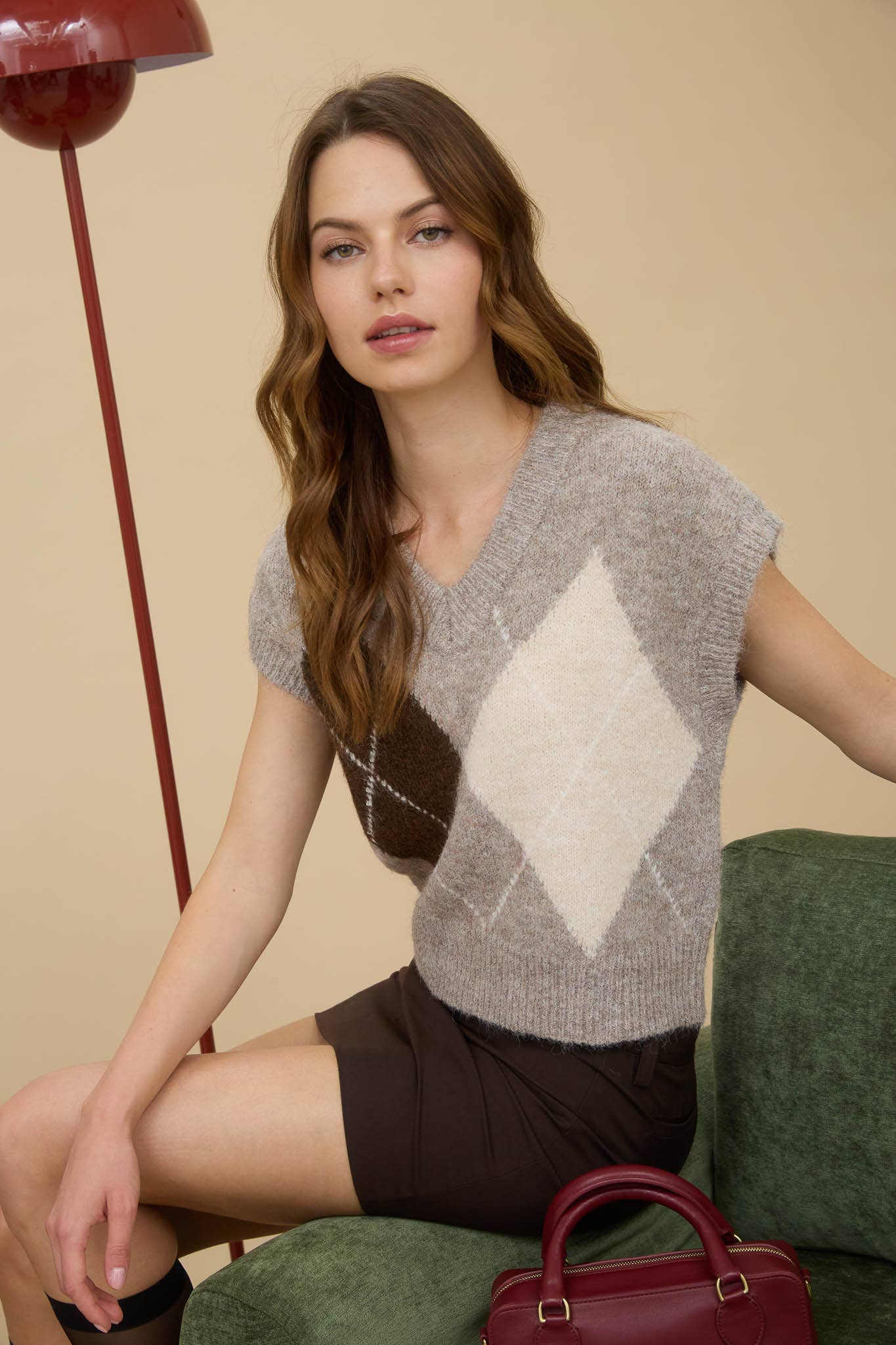 ARGYLE PATTERN V NECK SLEEVELESS SWEATER VEST