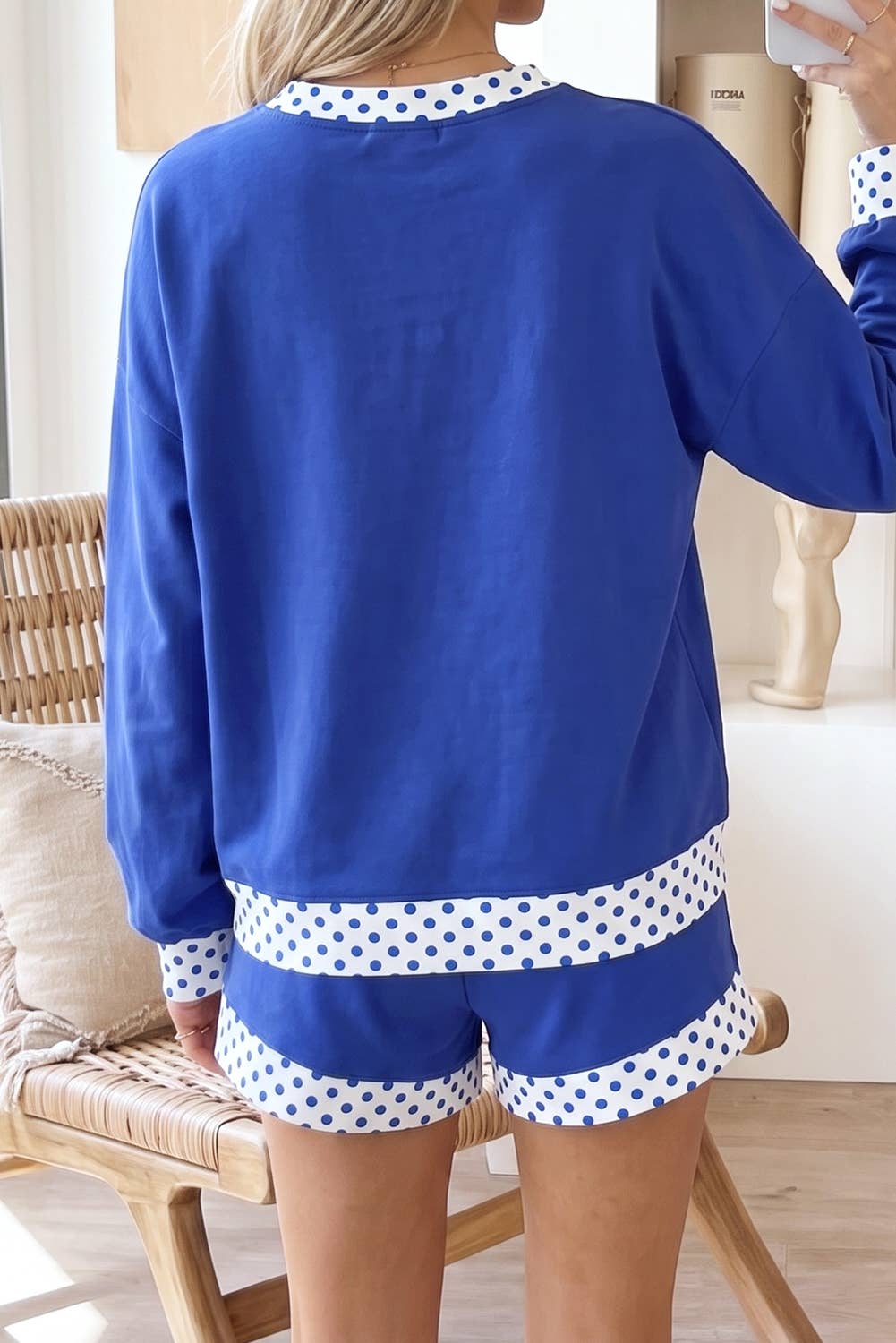 Polka Dot Trim Print Mock Neck Top and Shorts Set