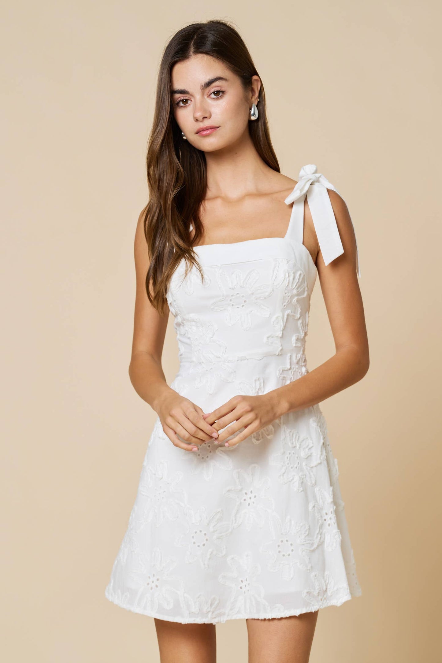 Flower Texture Dress W/ Bow Ribbon Shoulder Ties