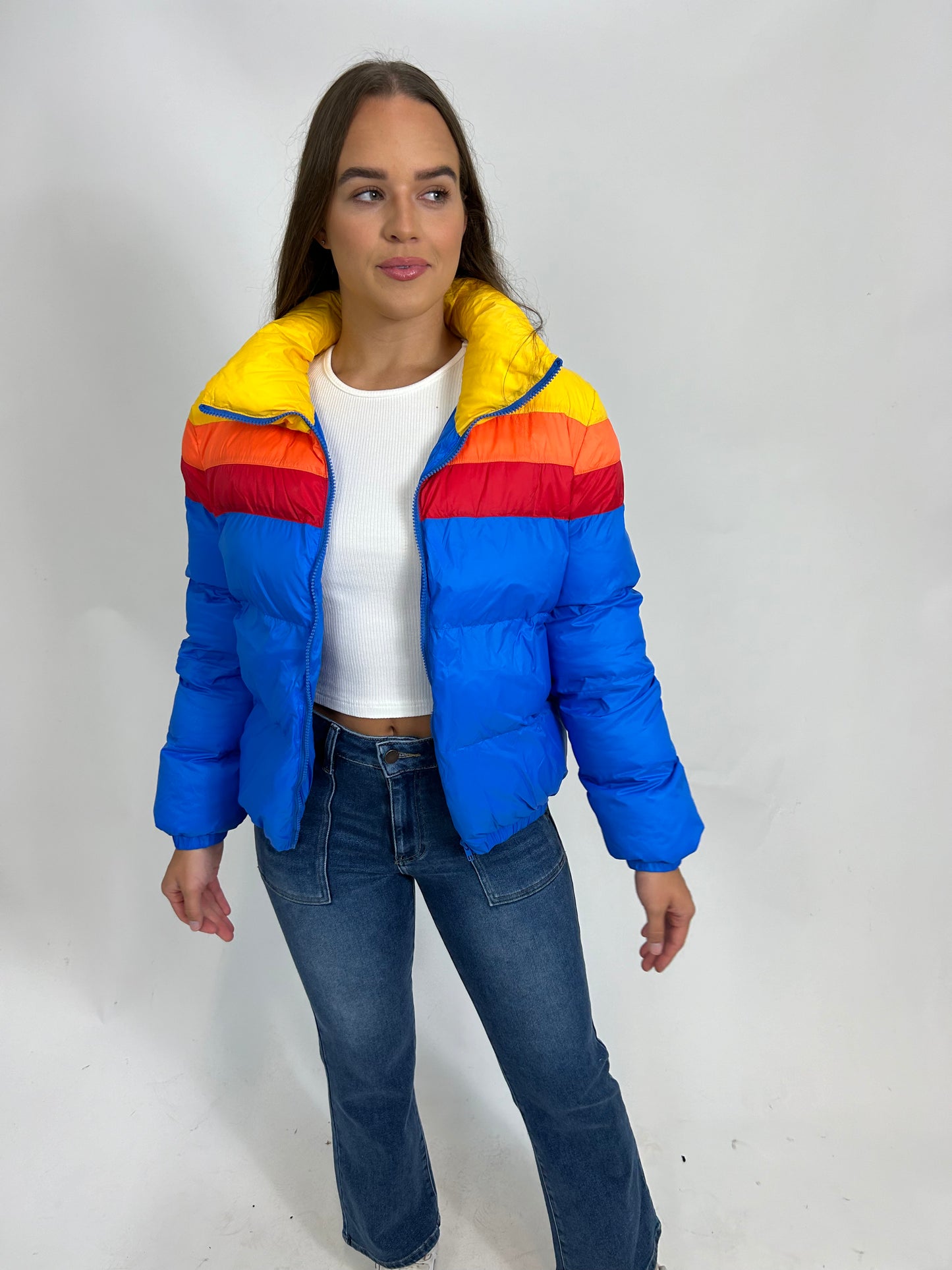 Rainbow puff coat