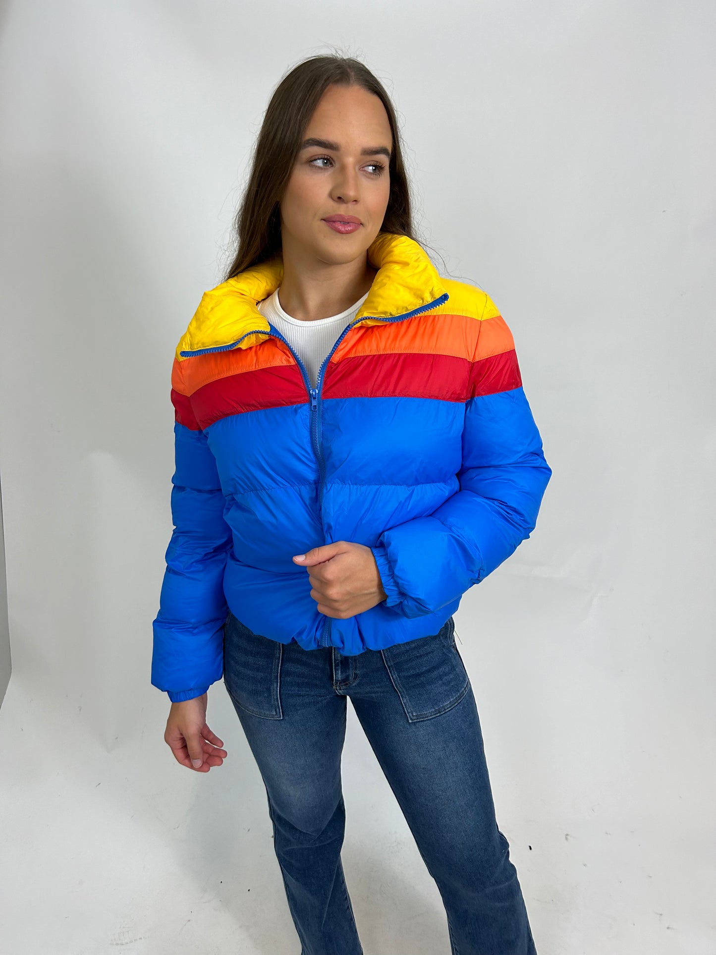 Rainbow puff coat