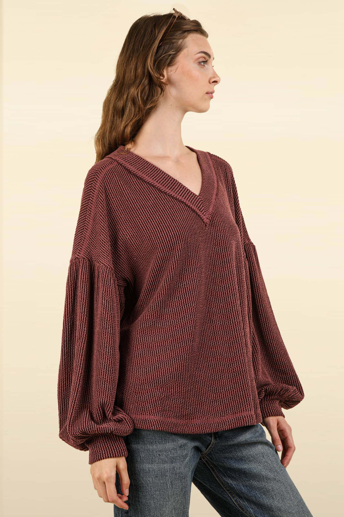 US Two Tone Otto Ribbed V-Neck Oversized Knit Top