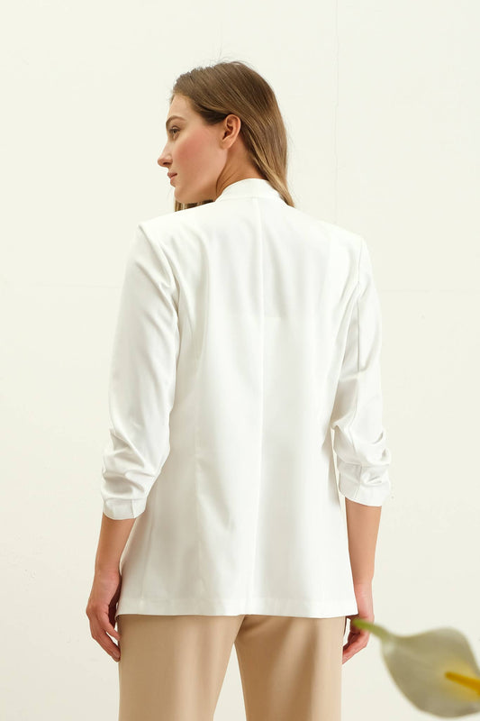 COLLARLESS 3/4 RUCHED SLEEVE LONGLINE BLAZER