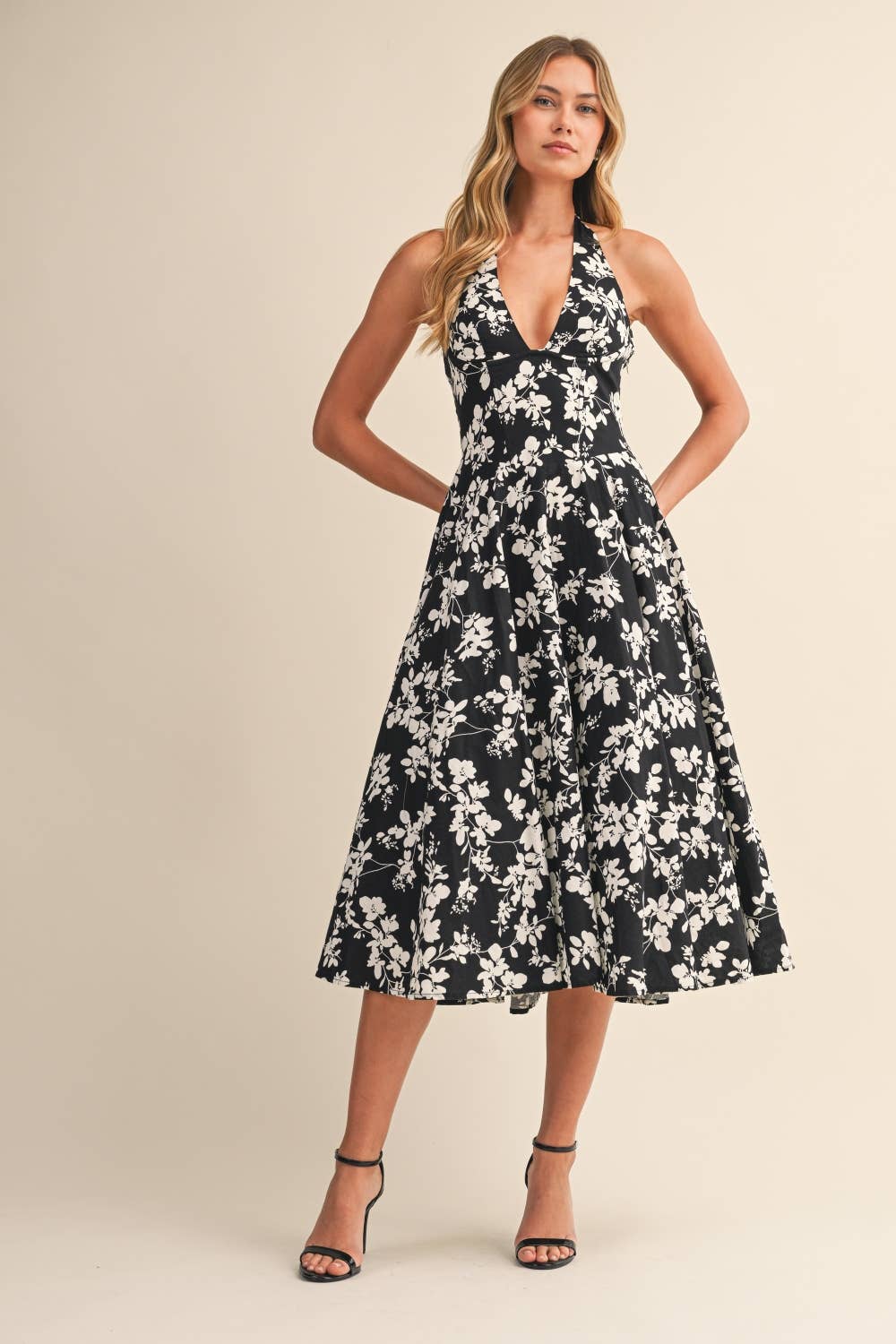 FLOWER PRINTED HALTER MIDI DRESS