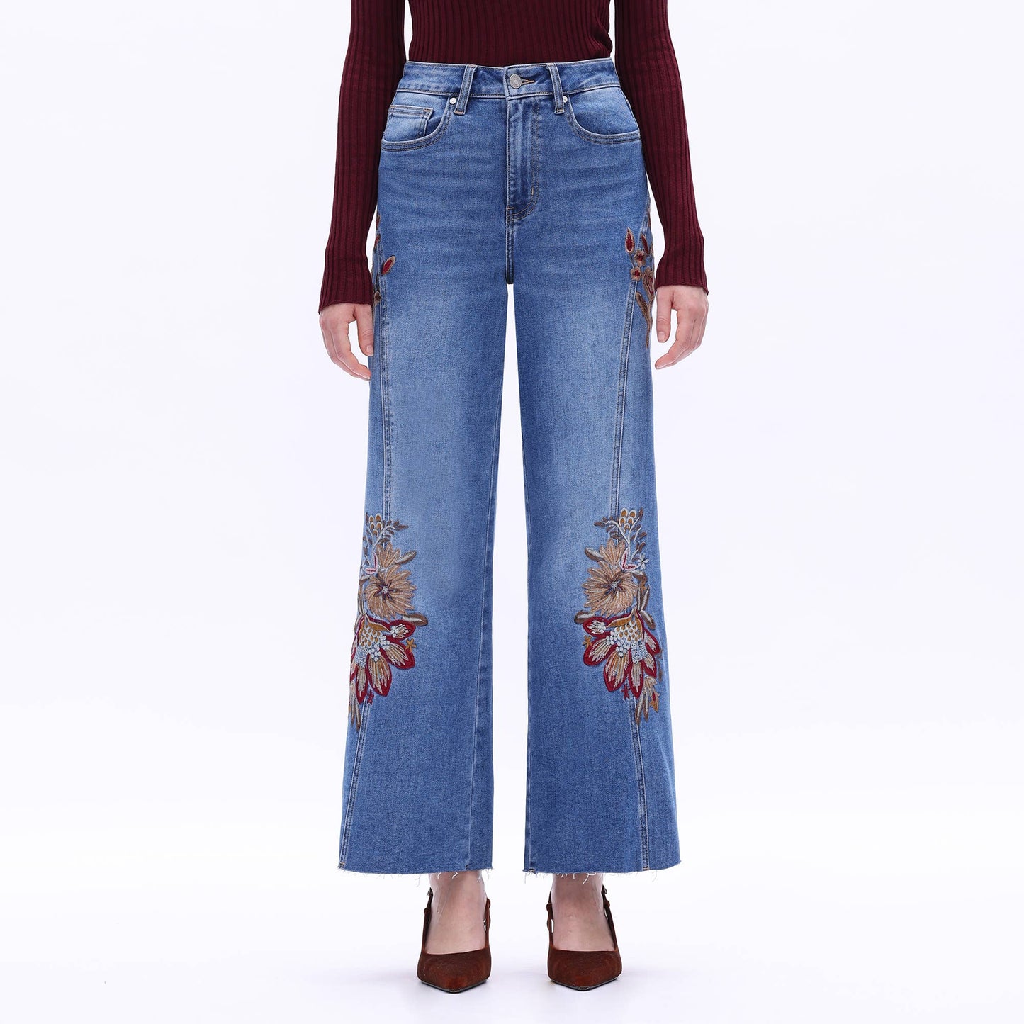 HIGH RISE EMBROIDERED WIDE LEG JEANS WITH RAW HEM BYW8254