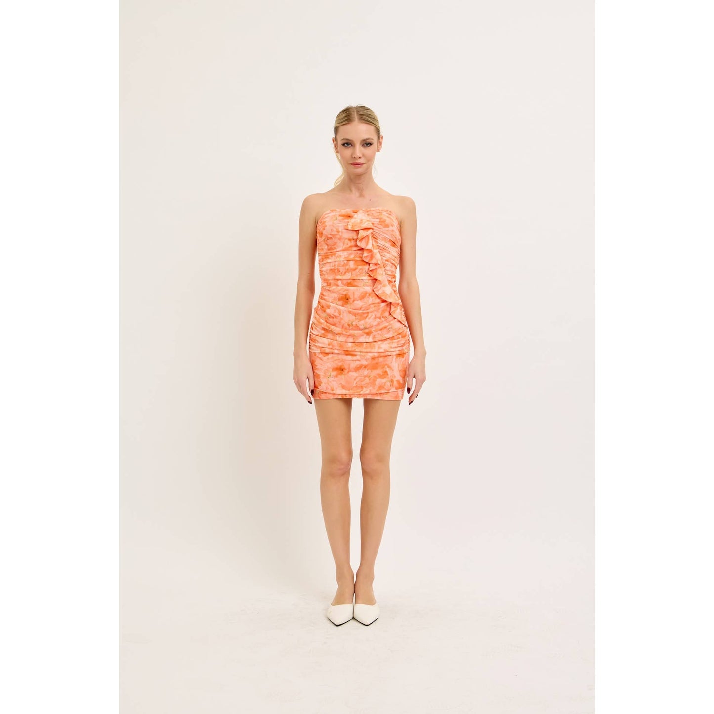 RUFFLE DETAIL PRINTED MESH BODYCON MINI DRESS