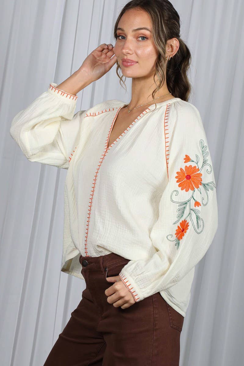 Boho Floral Embroidered  Gauze Blouse