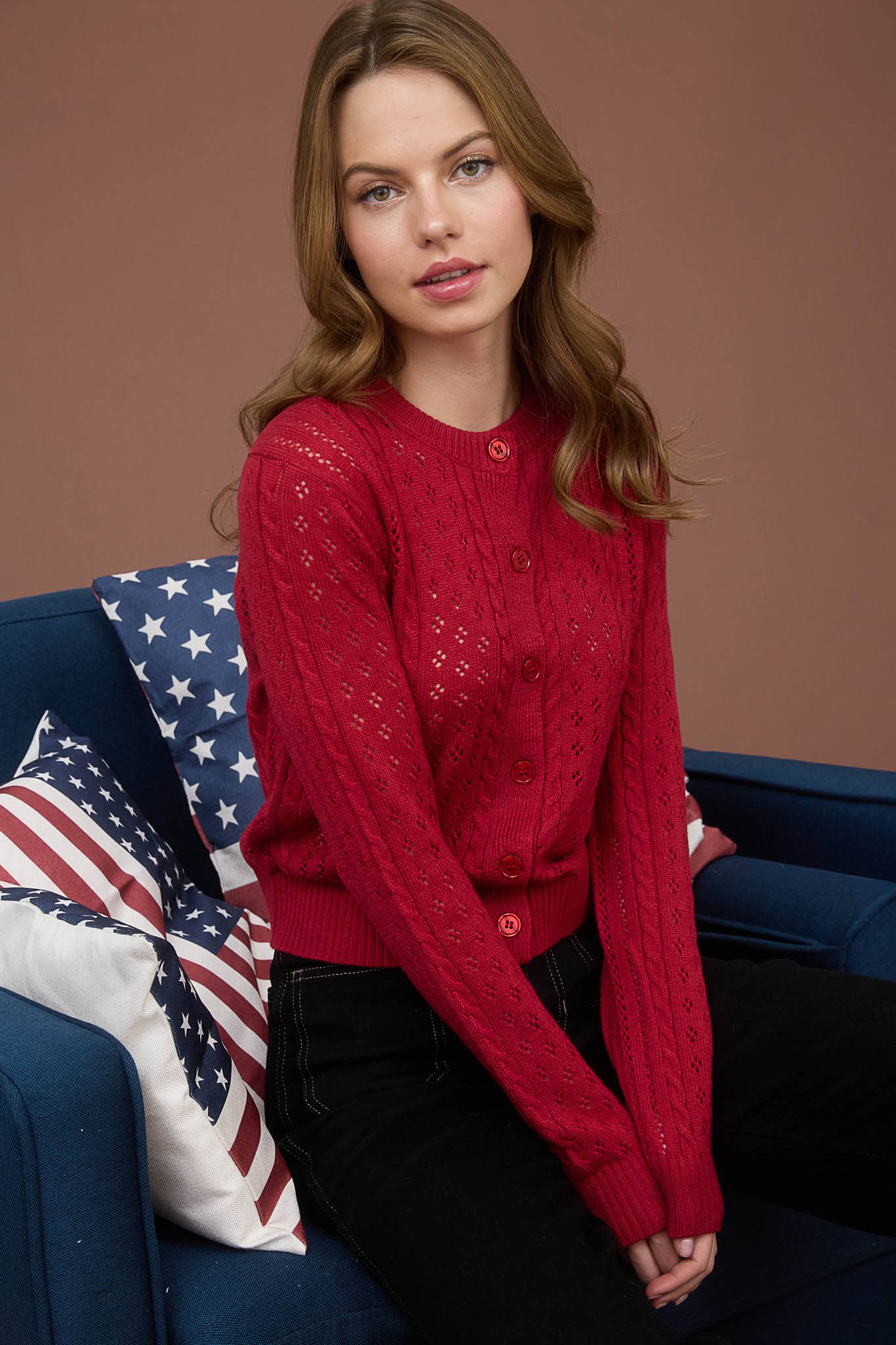 SHEER CABLE KNIT LONG SLEEVE BUTTON DOWN CARDIGAN