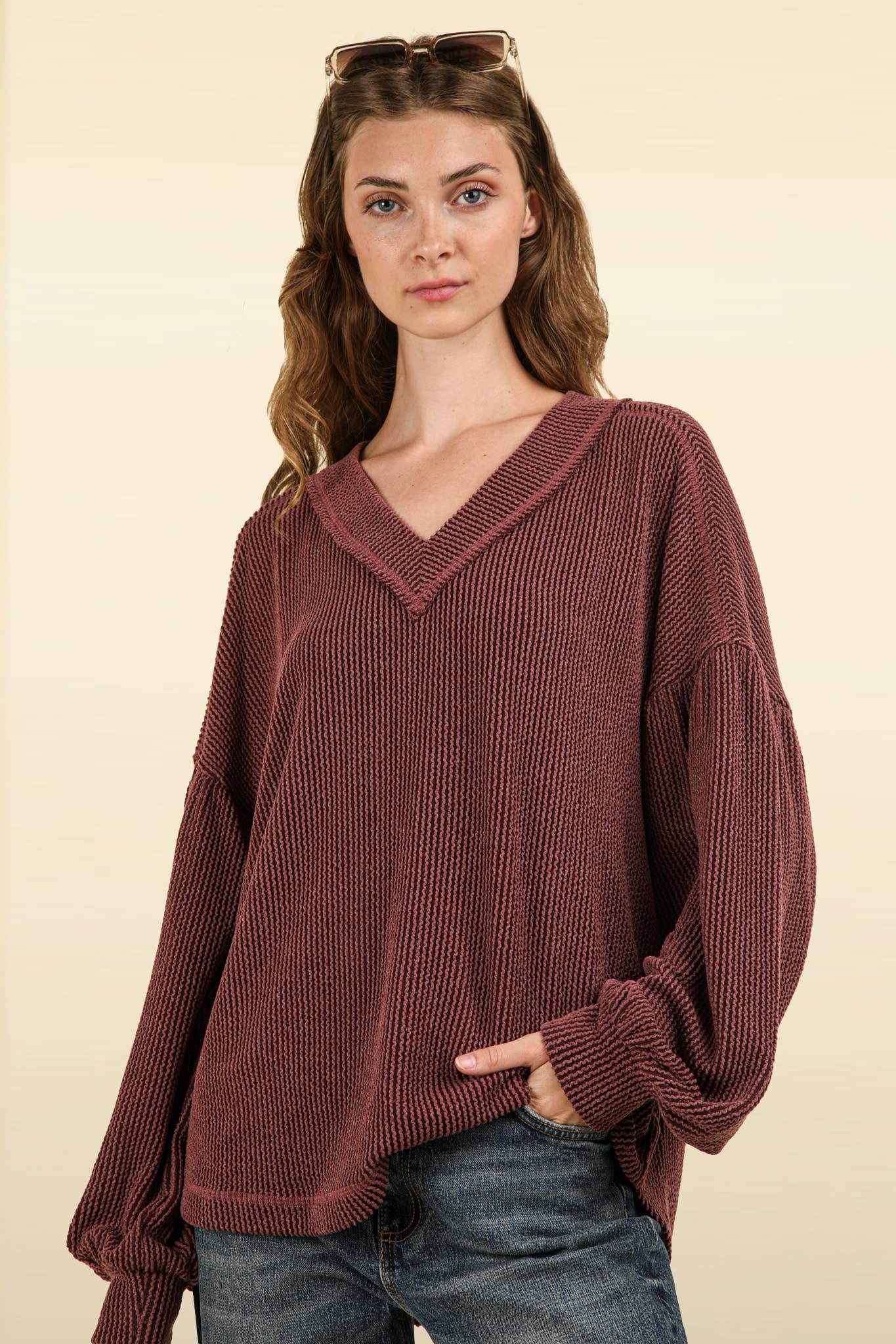 US Two Tone Otto Ribbed V-Neck Oversized Knit Top