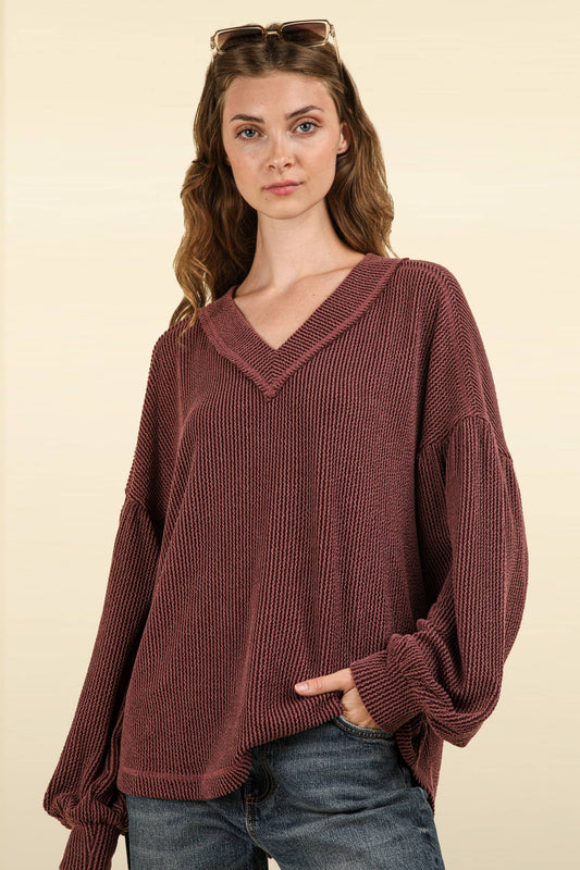 US Two Tone Otto Ribbed V-Neck Oversized Knit Top