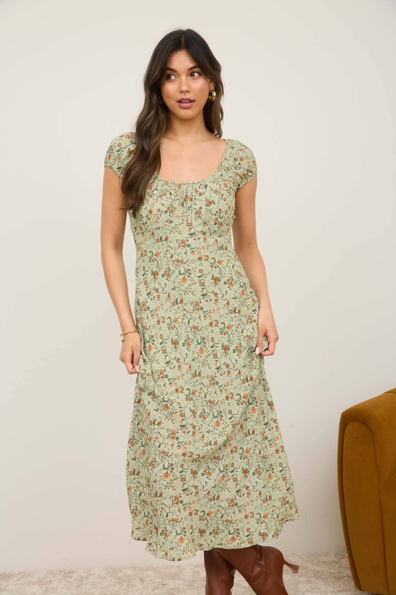 FLORAL SCOOP NECK RUCHED SHORT SLEEVE MIDI DRESS