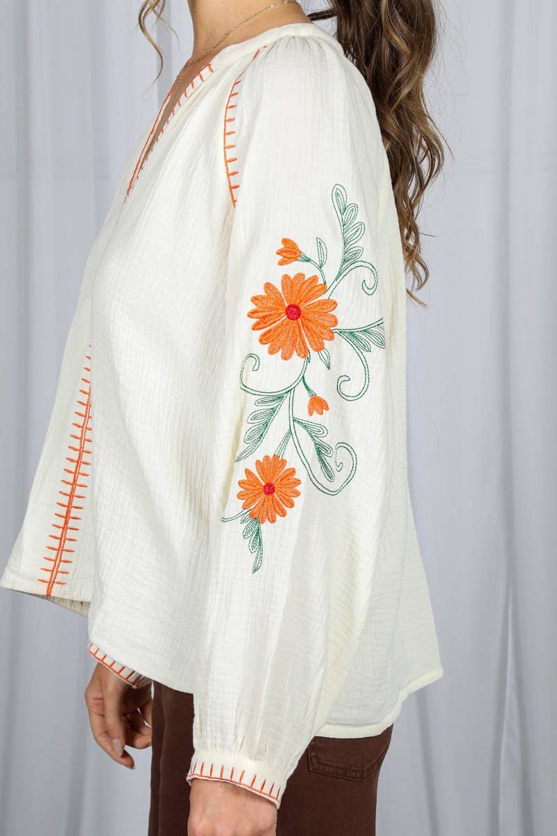 Boho Floral Embroidered  Gauze Blouse