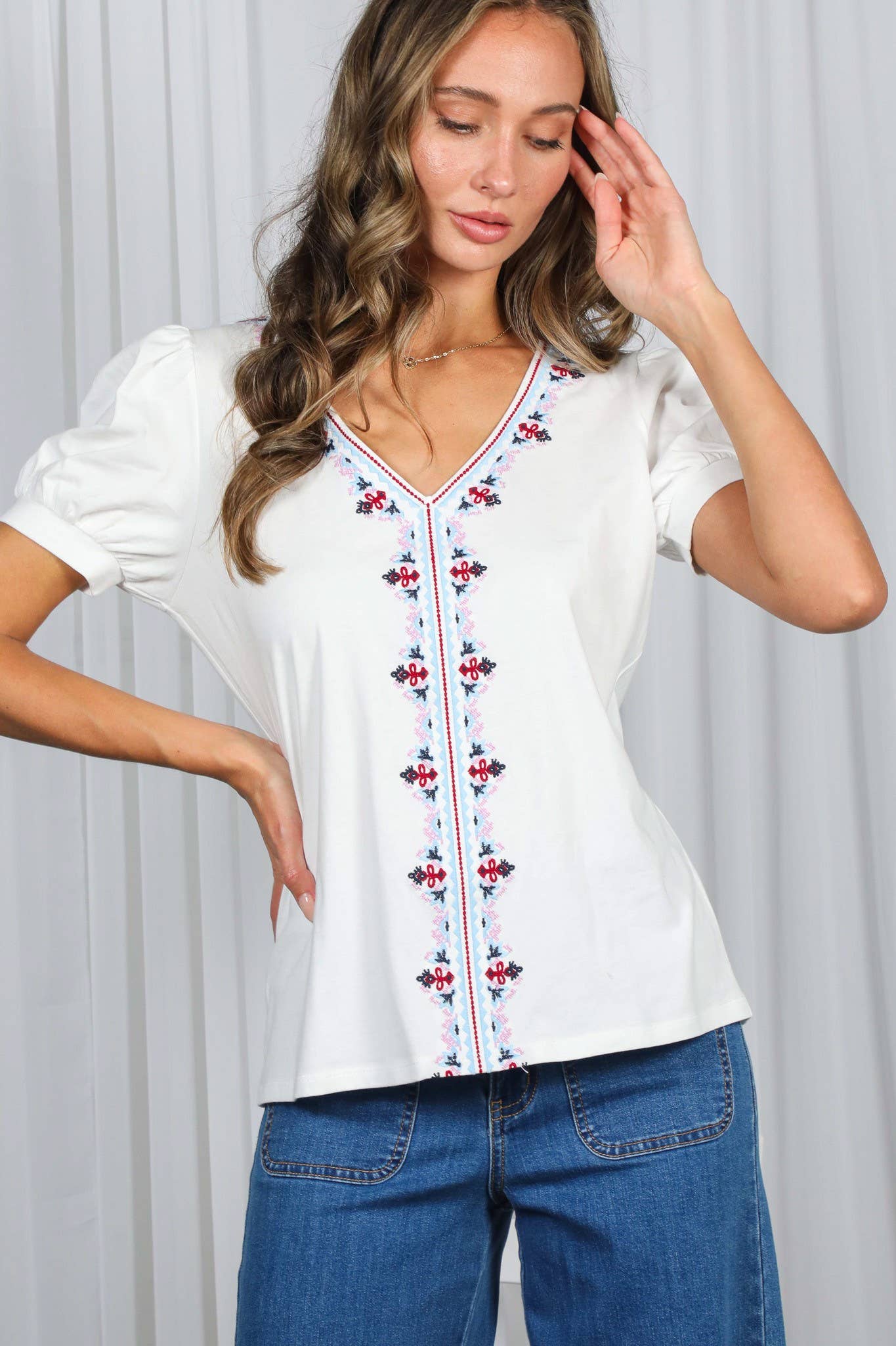 V-Neck Embroidered Puff Short Sleeve 100%Cotton Top VT82923