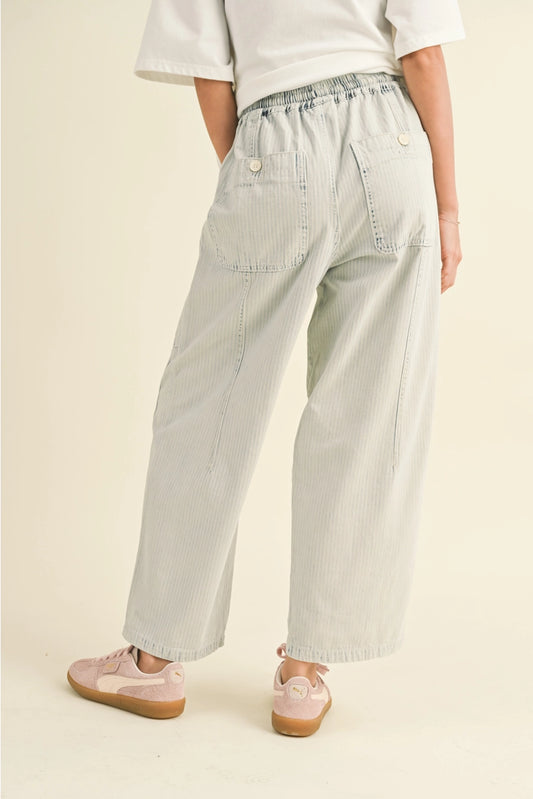 Blue and white striped barrel pants