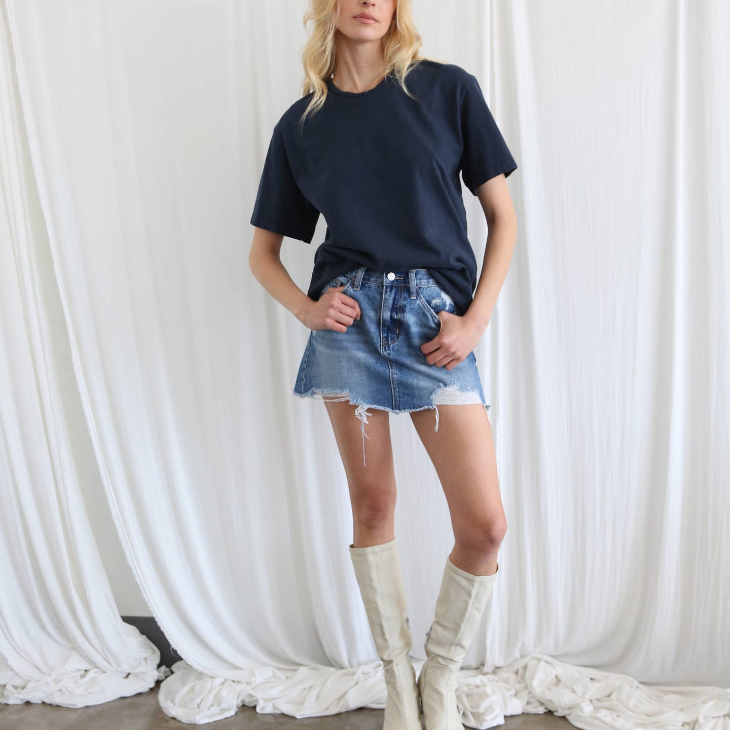 A line distressed denim skirt