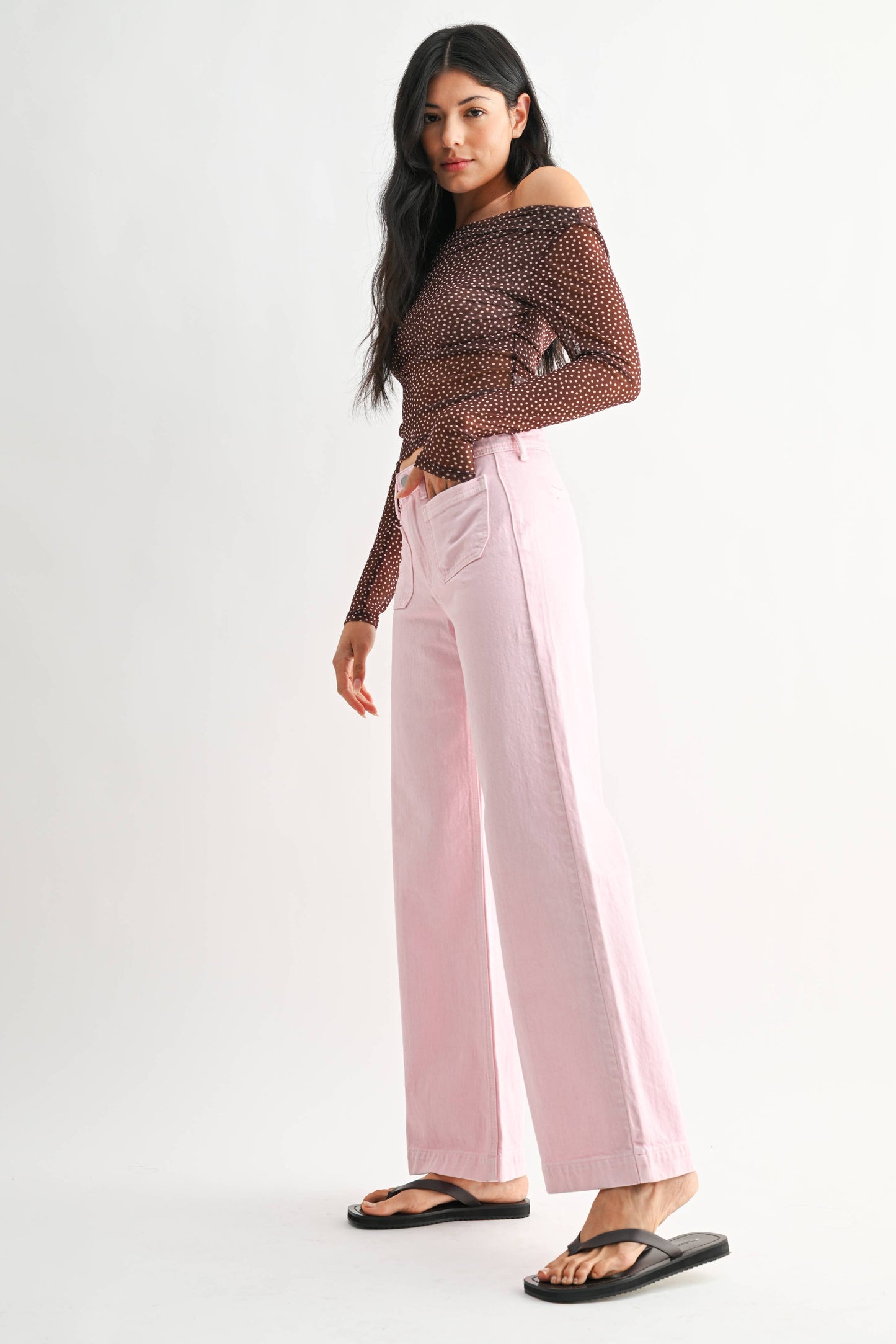 Pastel Pink Micro Patch Pocket Wide Leg Jean