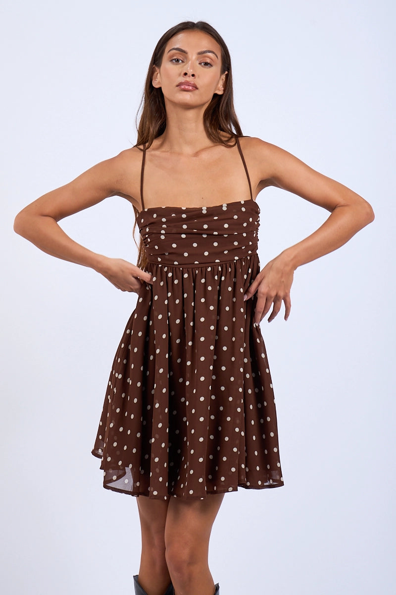 Brown polka dot open back dress