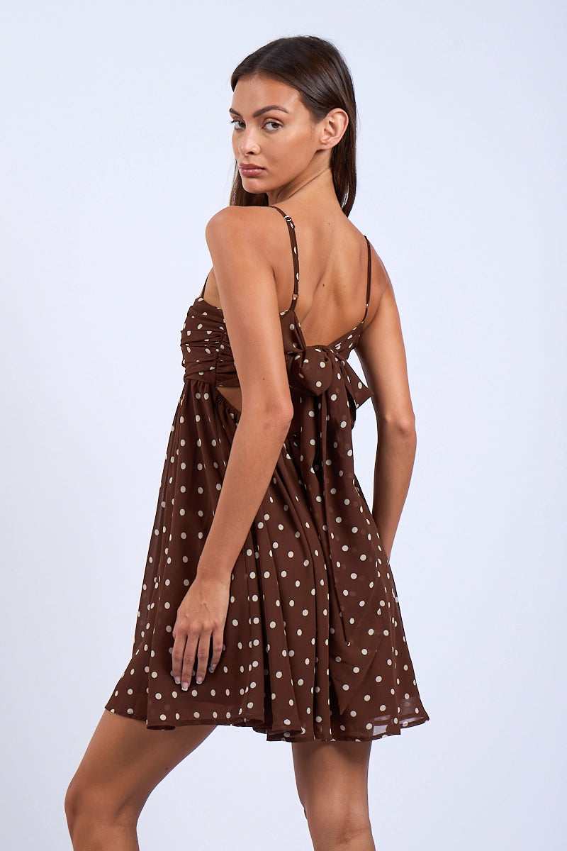 Brown polka dot open back dress