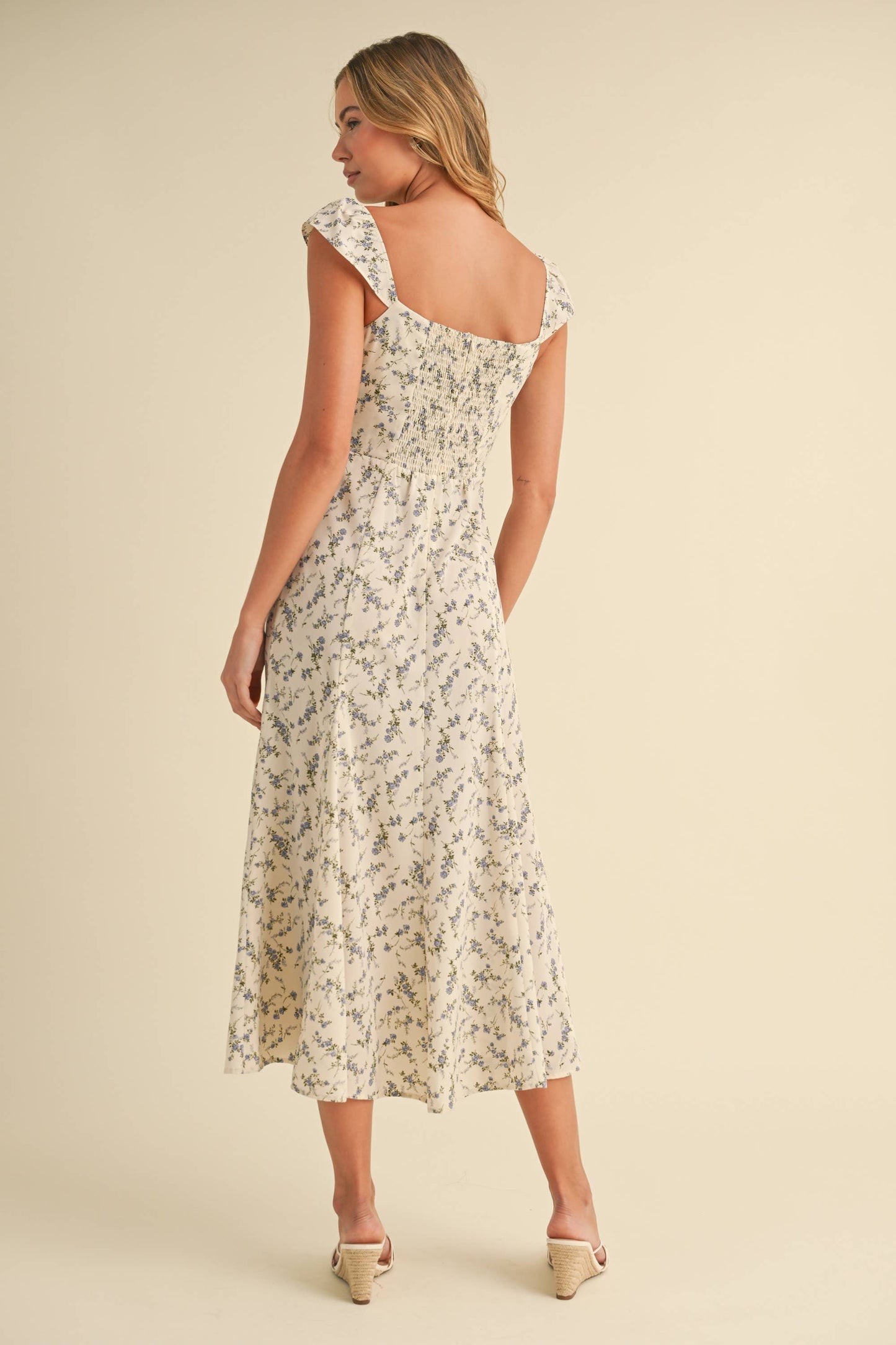 CAP SLEEVE FIT AND FLARE FLORAL PRINTED MIDI DRESS