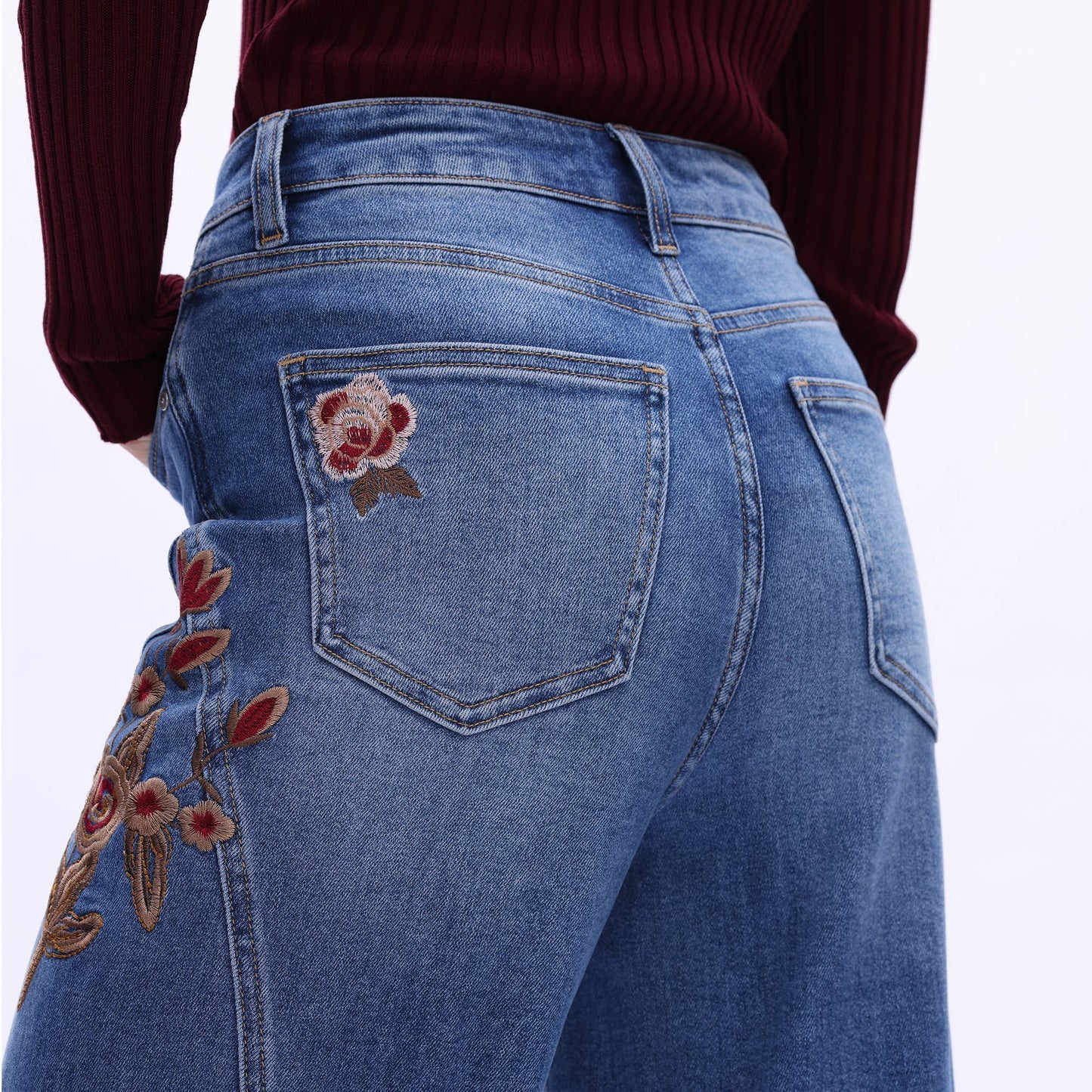 HIGH RISE EMBROIDERED WIDE LEG JEANS WITH RAW HEM BYW8254