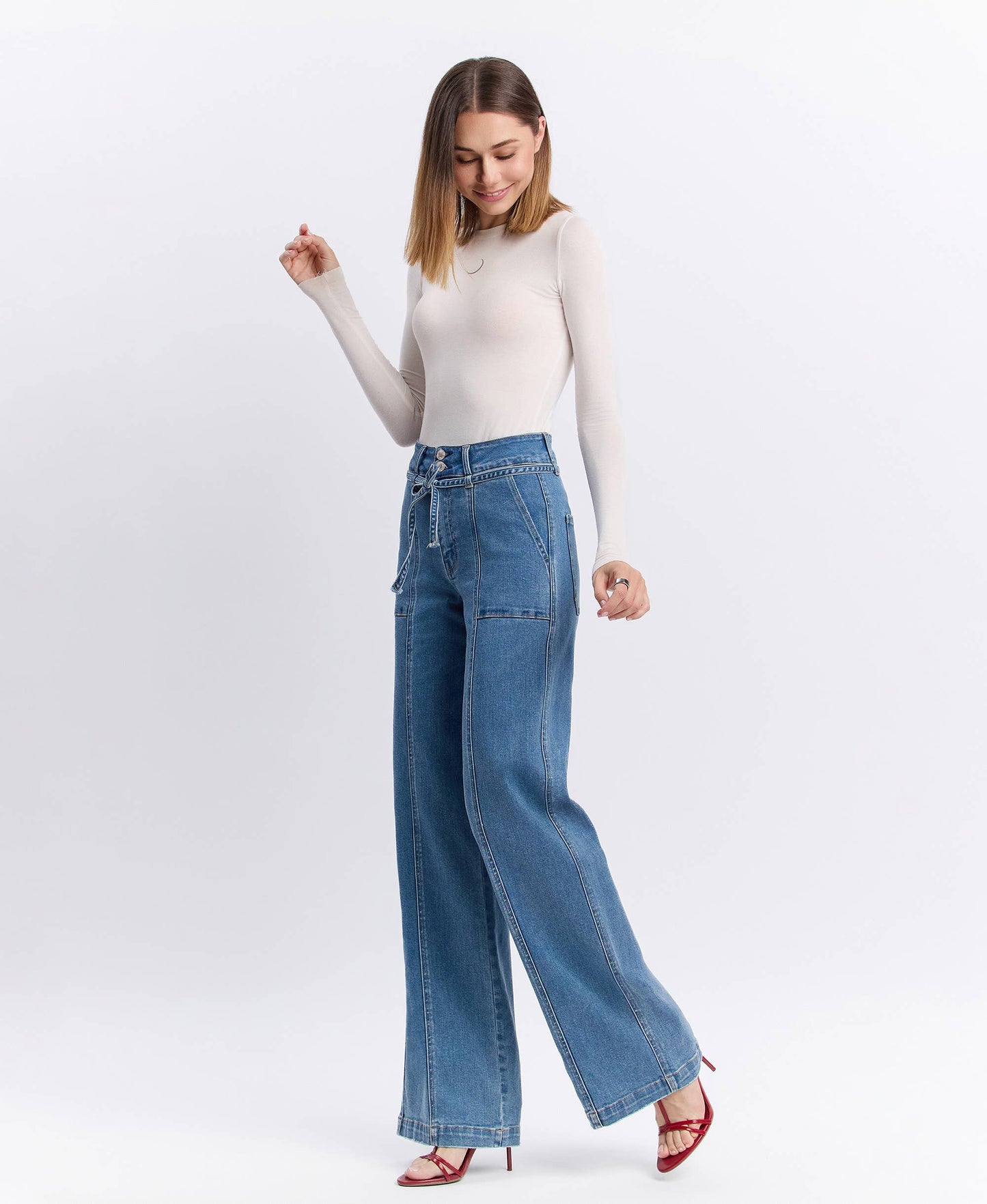 SUPER HIGH RISE TIE WAISTBAND WIDE LEG JEANS