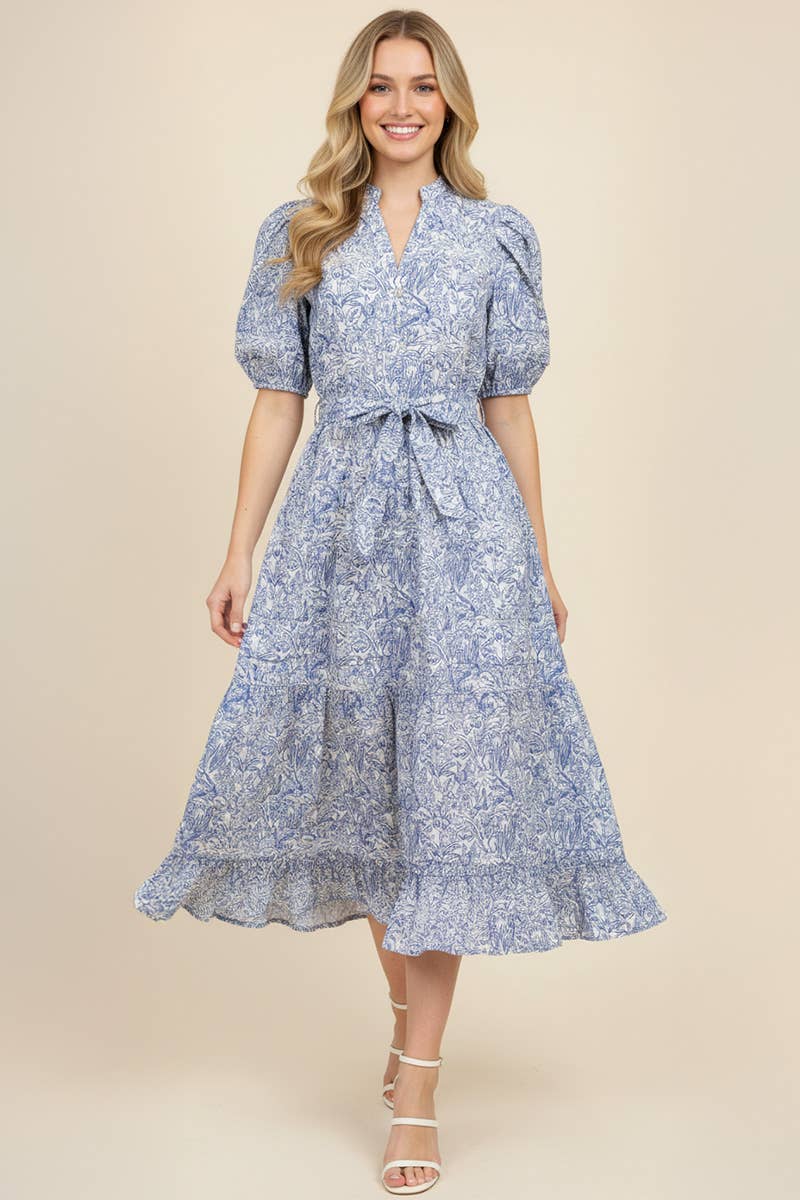 FLORAL PRINT TIERED MIDI DRESS WITH PUFF SLEEVES - 5704DB