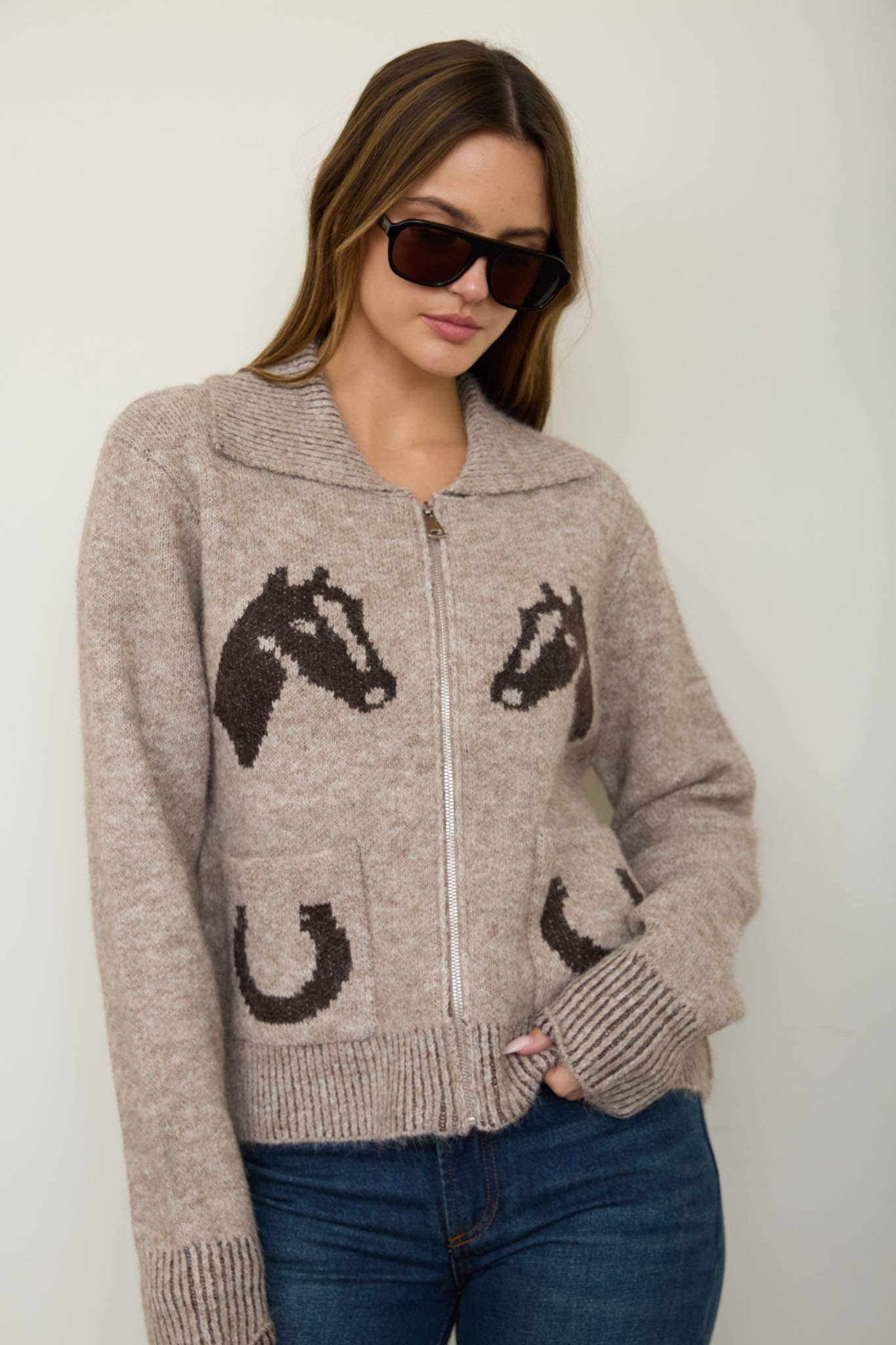 WESTERN JACQUARD COLLARED ZIP-UP KNIT CARDIGAN
