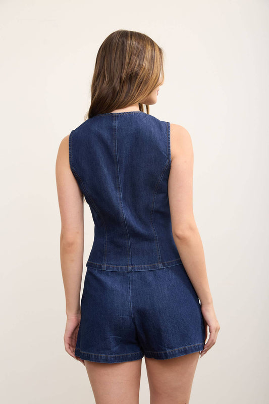 GOLD BUTTON ROUND NECK DENIM VEST TOP