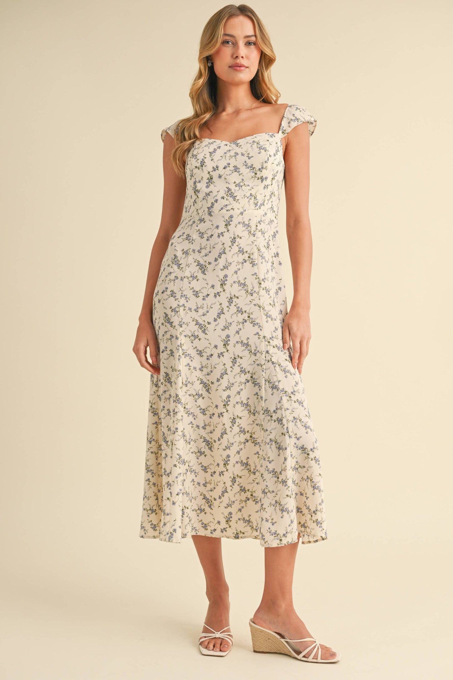 CAP SLEEVE FIT AND FLARE FLORAL PRINTED MIDI DRESS