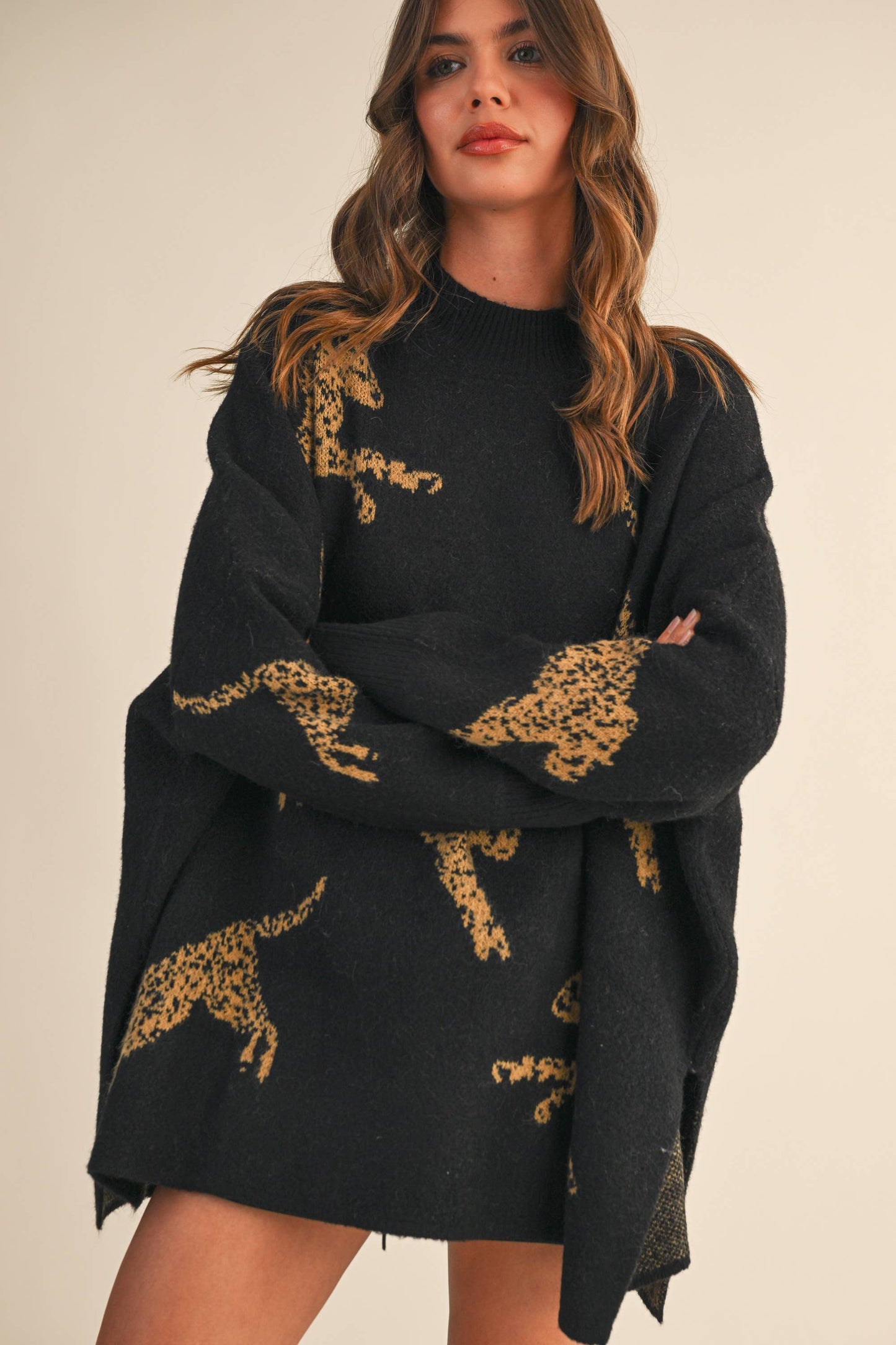 CHEETAH PRINT OVERSIZED MOCK NECK SWEATER