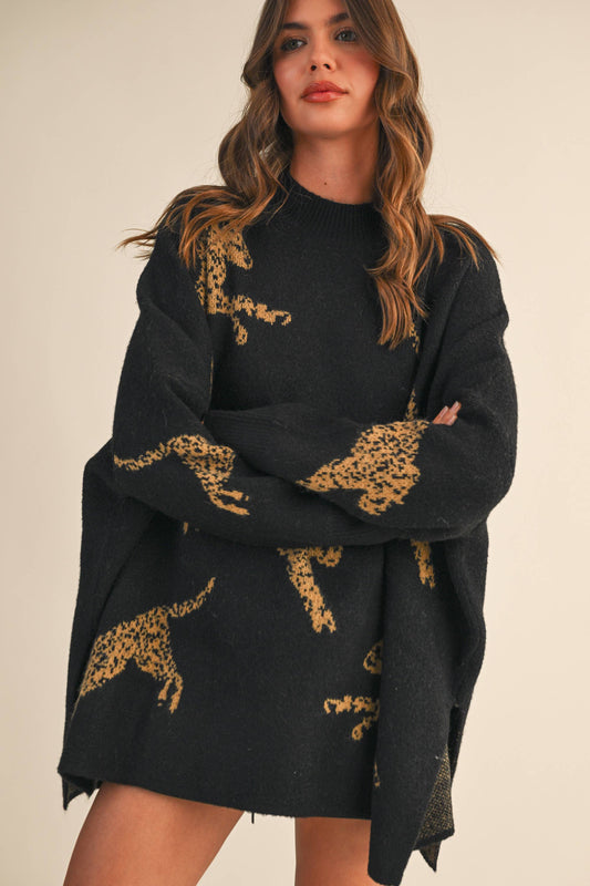 CHEETAH PRINT OVERSIZED MOCK NECK SWEATER
