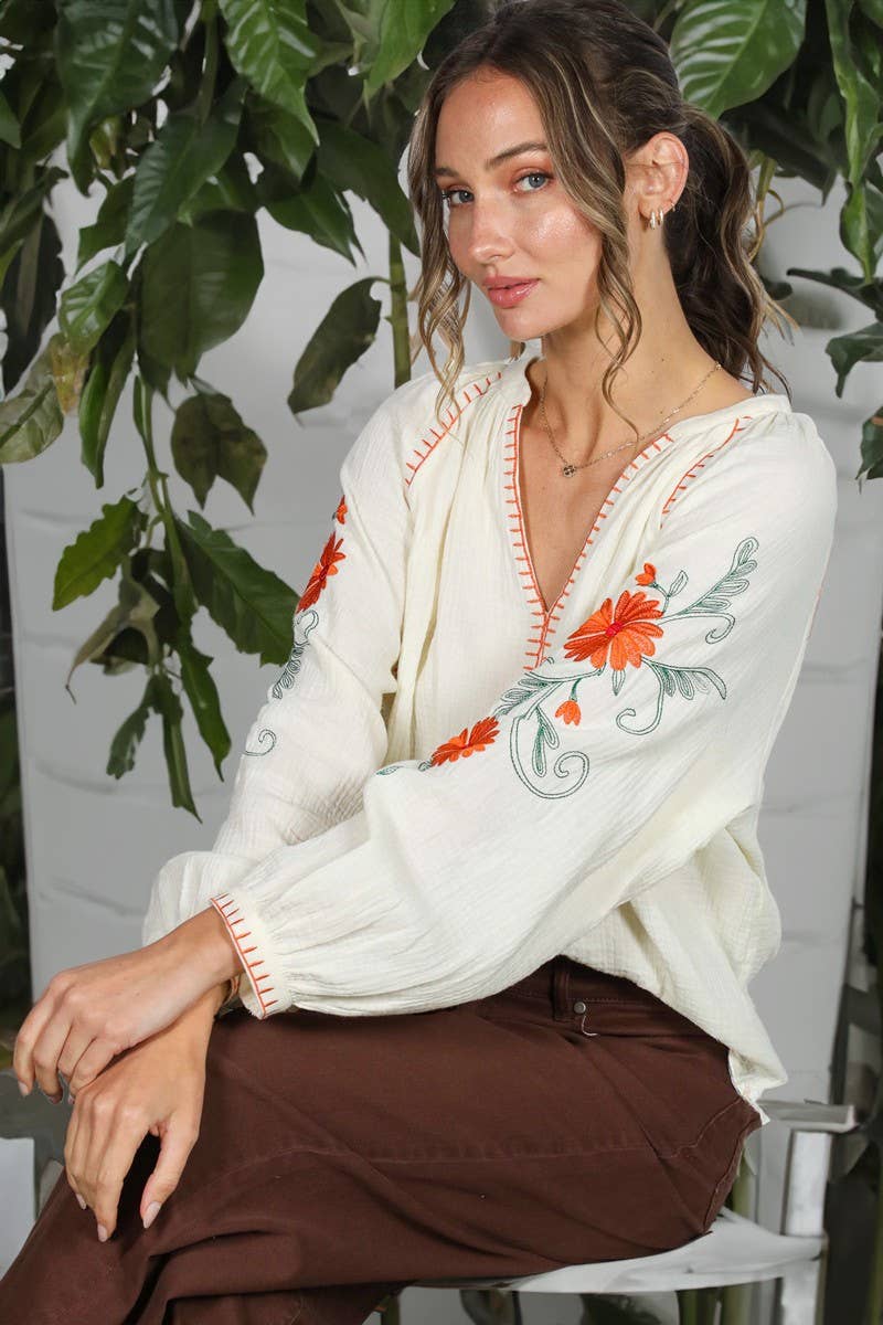Boho Floral Embroidered  Gauze Blouse