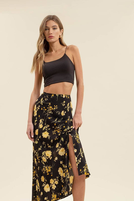 FLORAL HIGH WAIST SIDE SLIT MIDI SKIRT