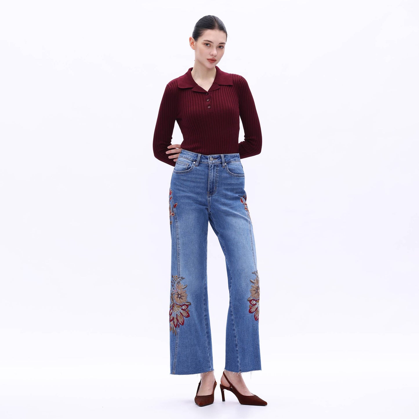HIGH RISE EMBROIDERED WIDE LEG JEANS WITH RAW HEM BYW8254