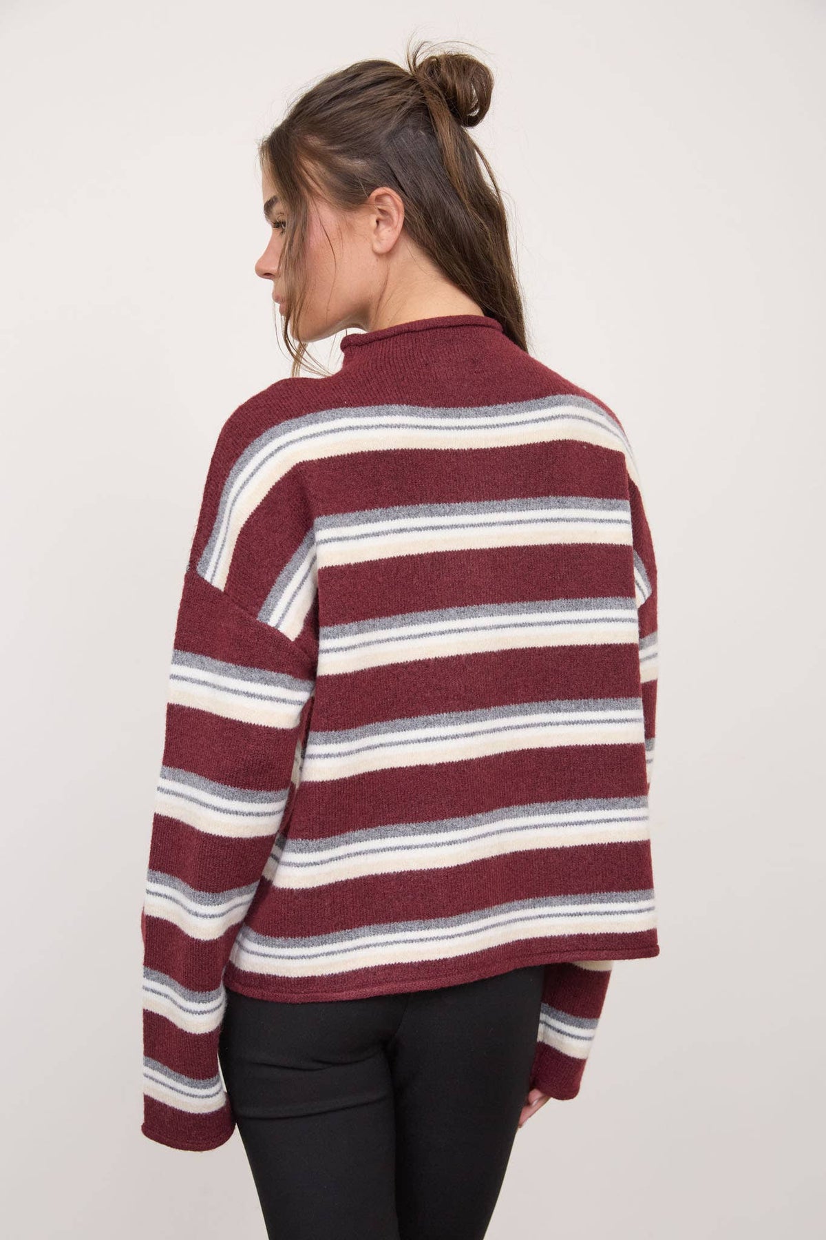 MULTI-COLOR STRIPE ROLLED NECK KNIT CARDIGAN