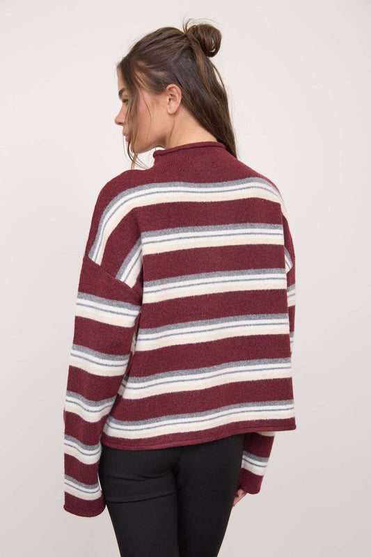 MULTI-COLOR STRIPE ROLLED NECK KNIT CARDIGAN