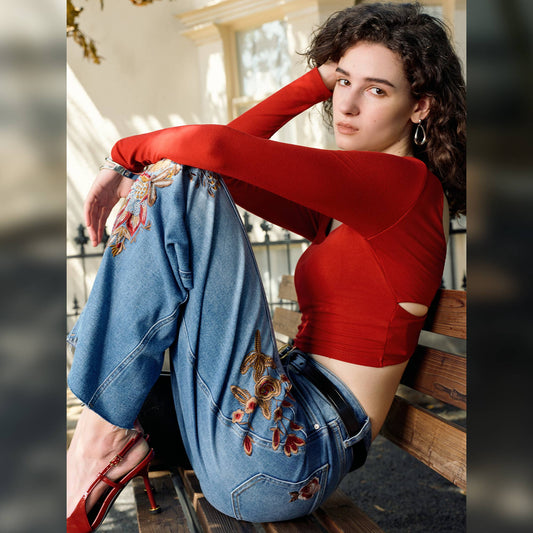 HIGH RISE EMBROIDERED WIDE LEG JEANS WITH RAW HEM BYW8254